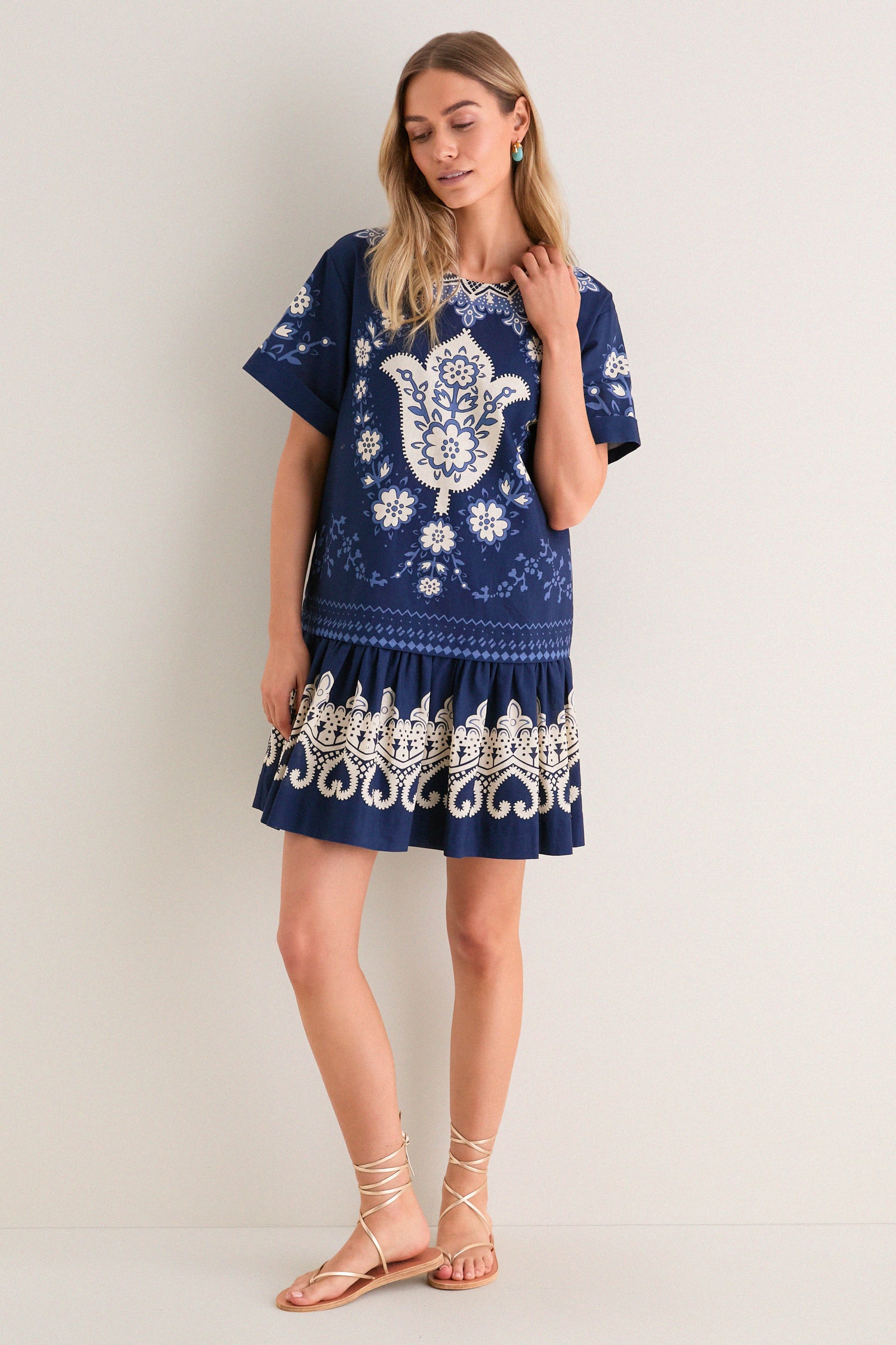 Navy Emelina Print Short Sleeve Mini Dress