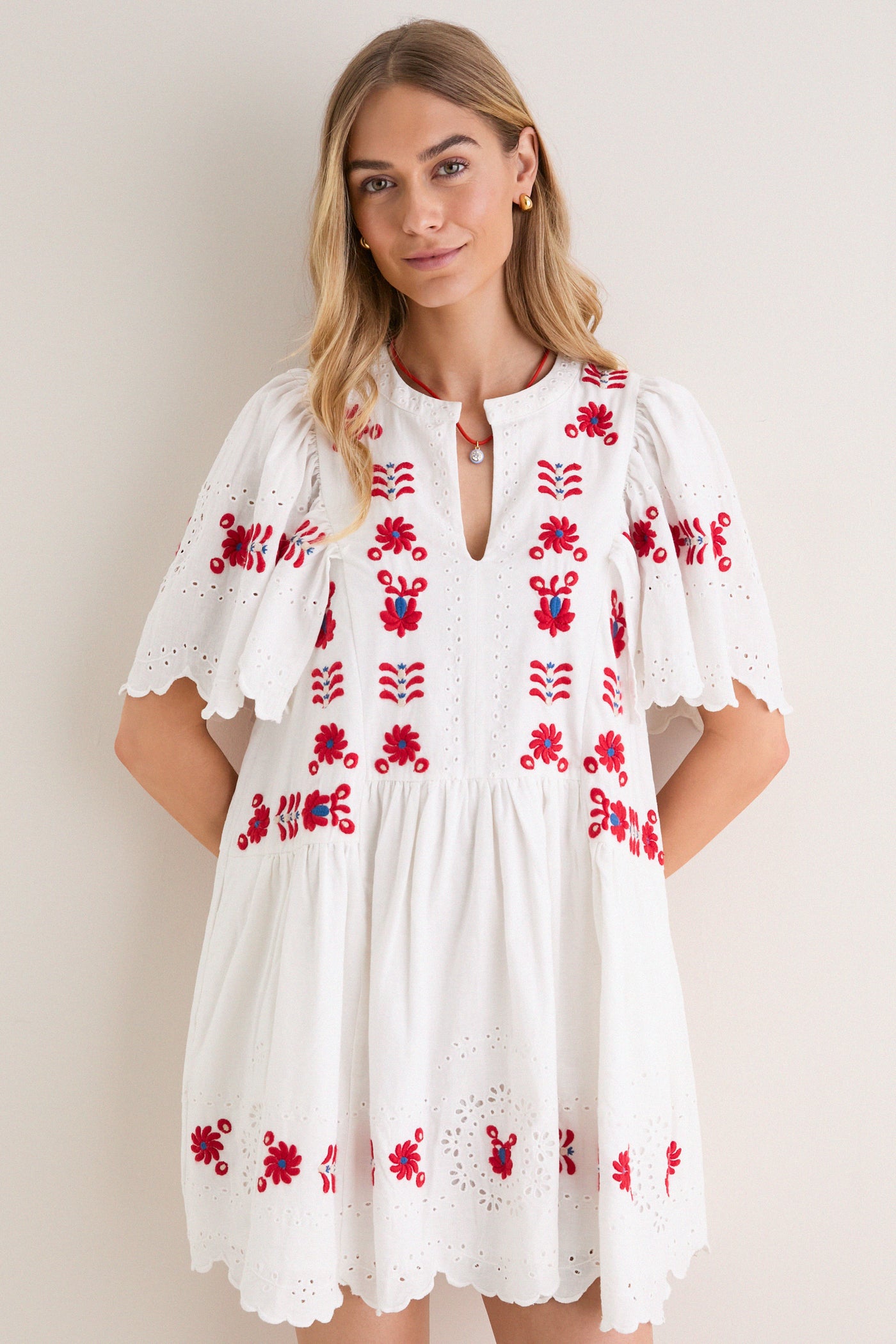 Cream Catharina Embroidery Mini Dress