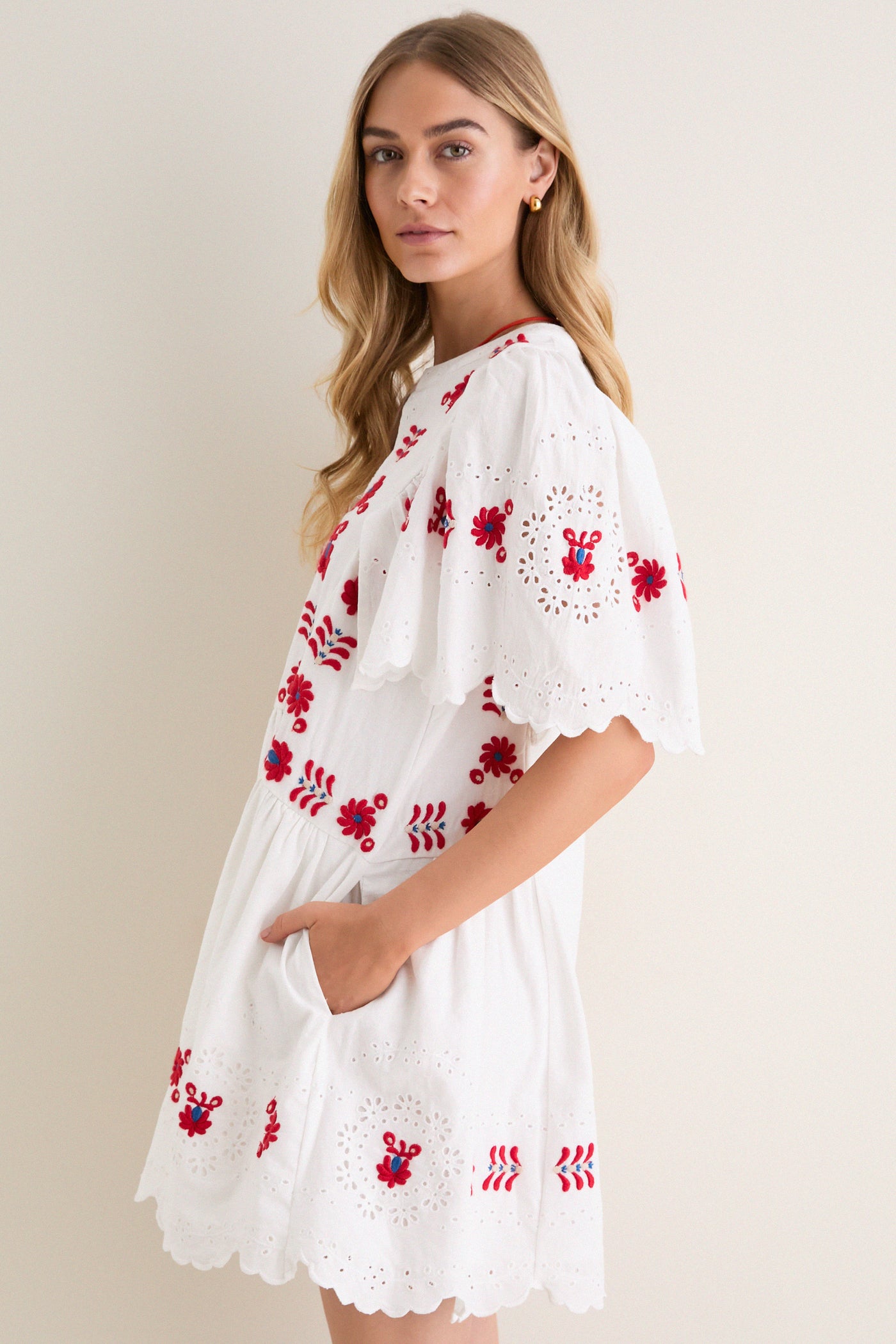 Cream Catharina Embroidery Mini Dress
