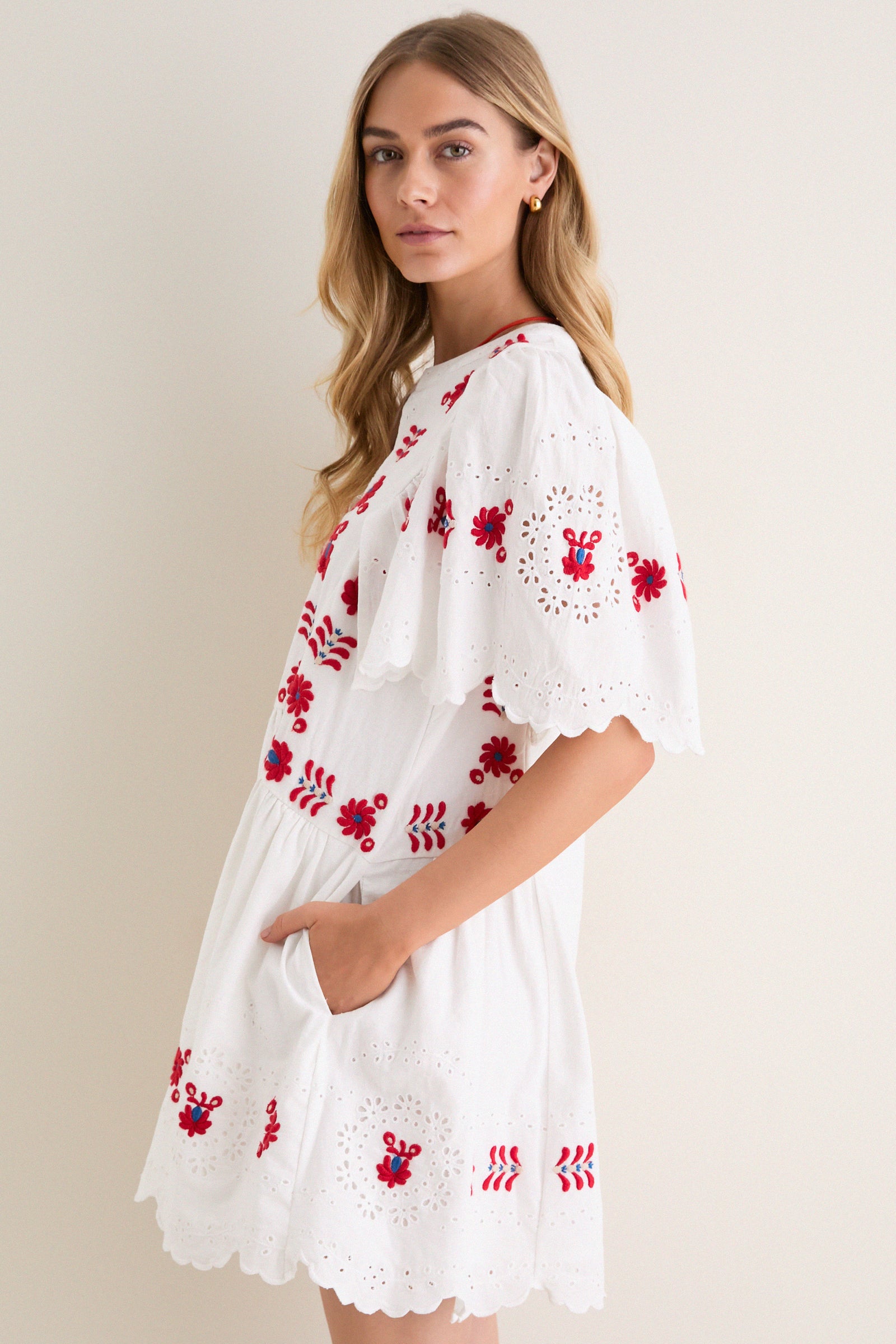 Cream Catharina Embroidery Mini Dress