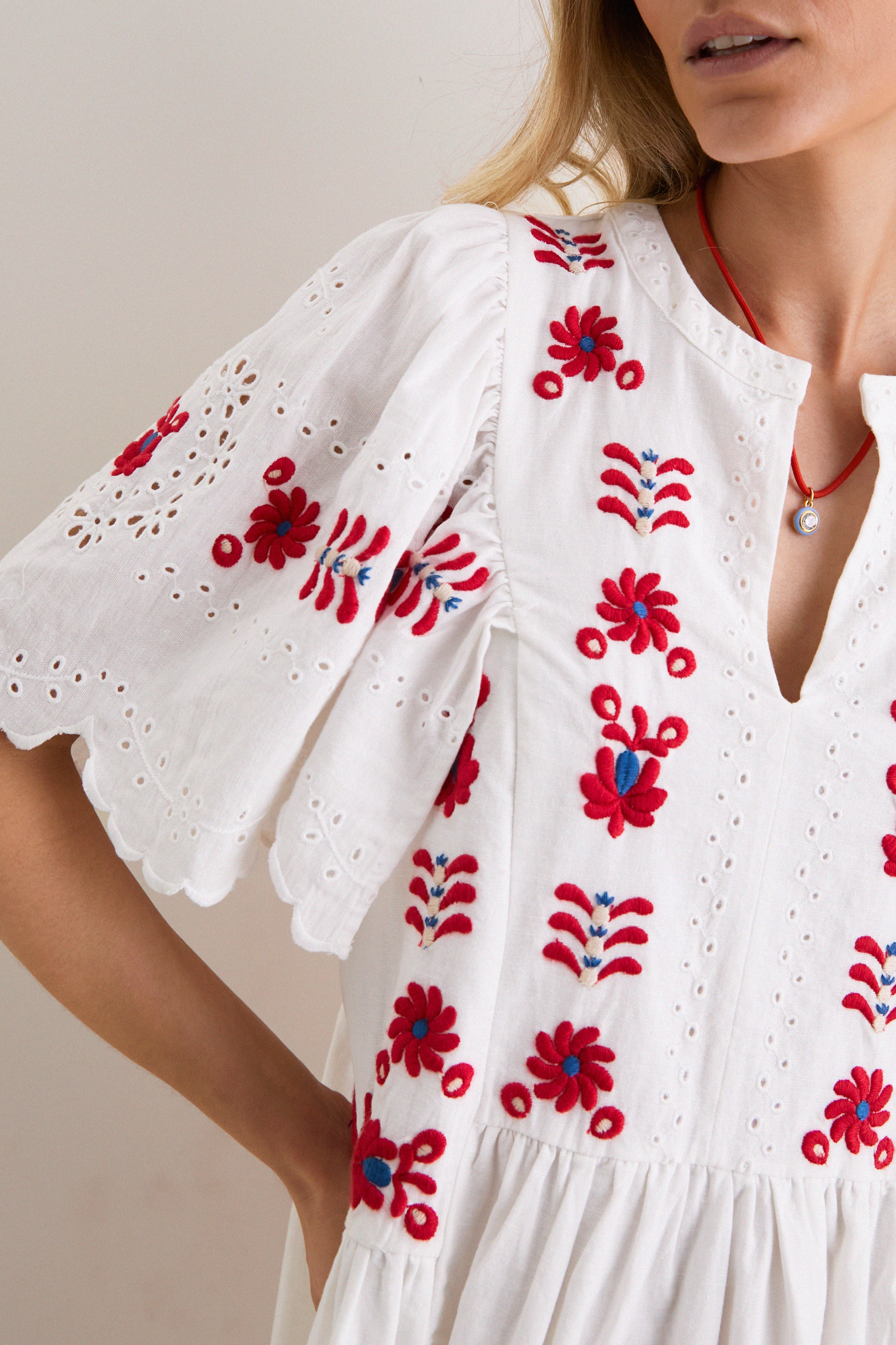 Cream Catharina Embroidery Mini Dress