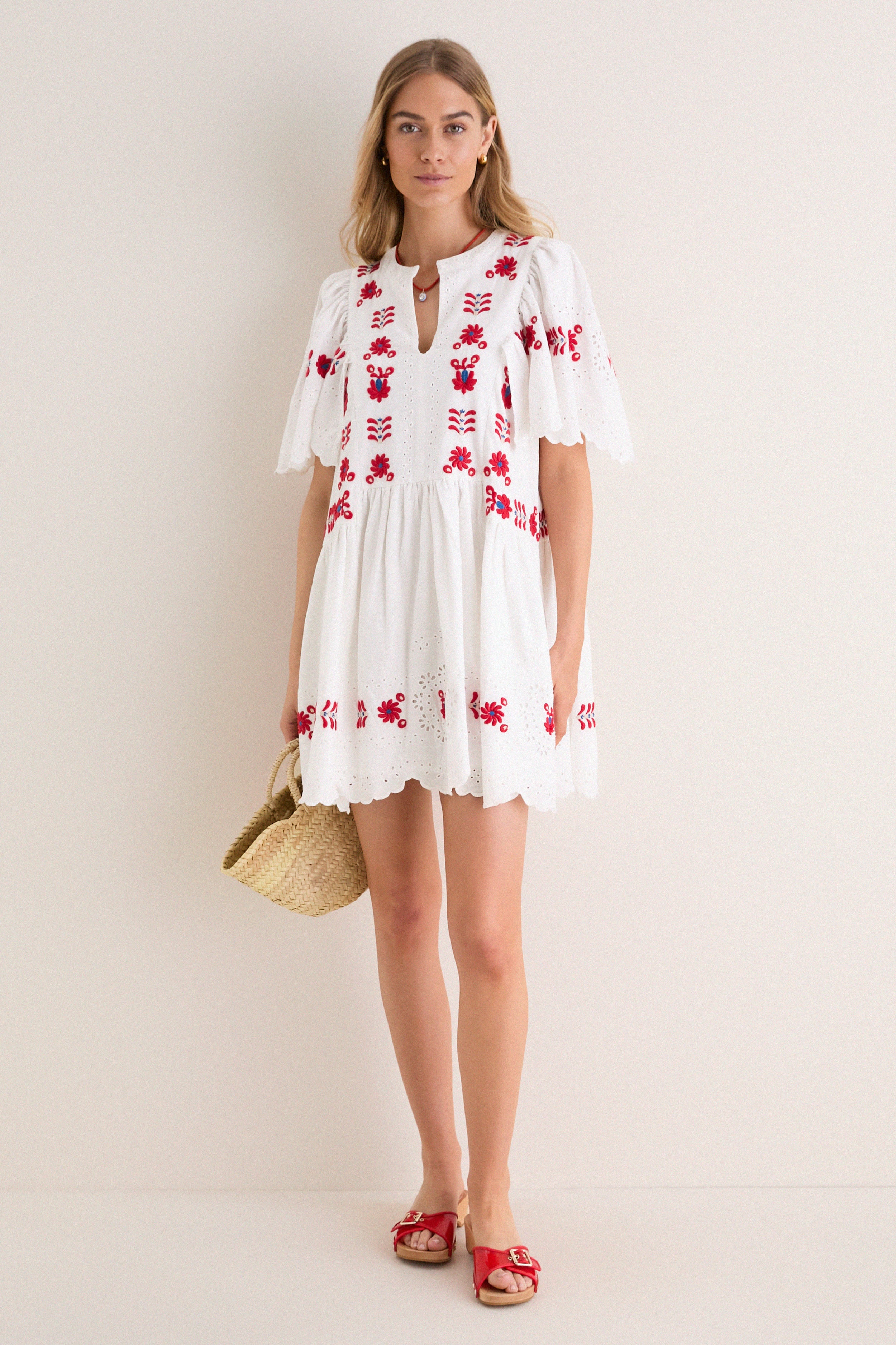 Cream Catharina Embroidery Mini Dress
