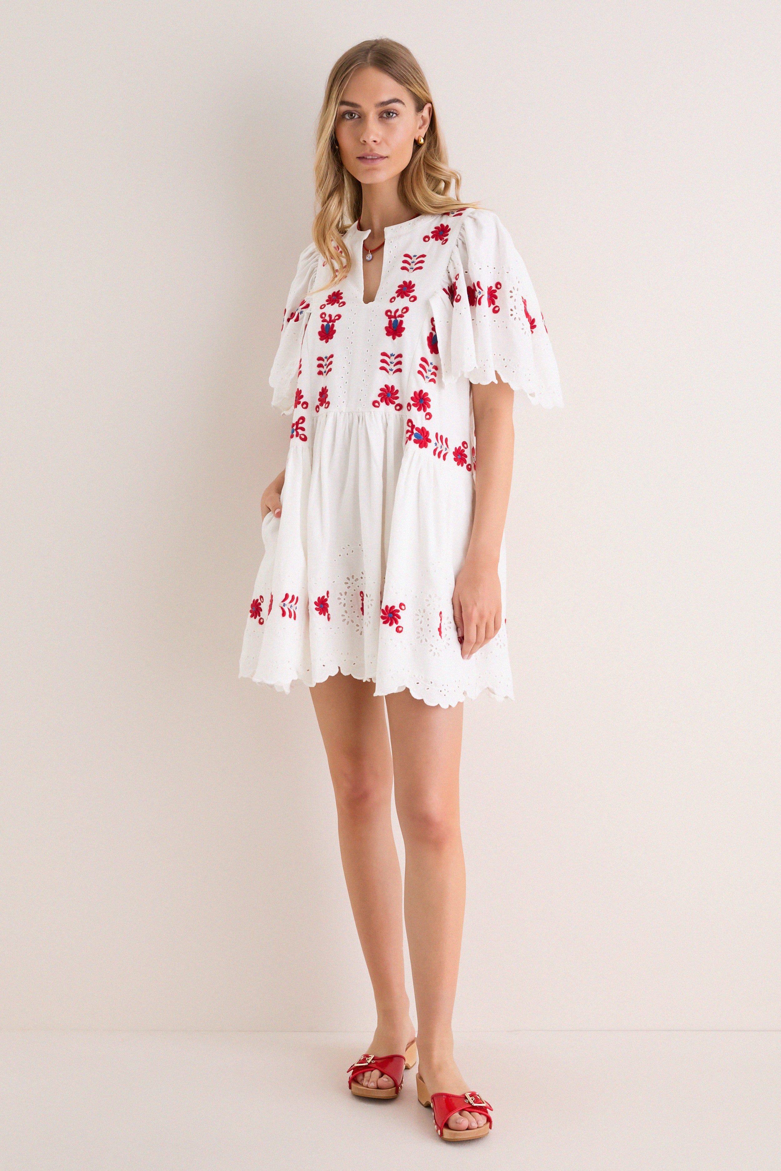 Cream Catharina Embroidery Mini Dress