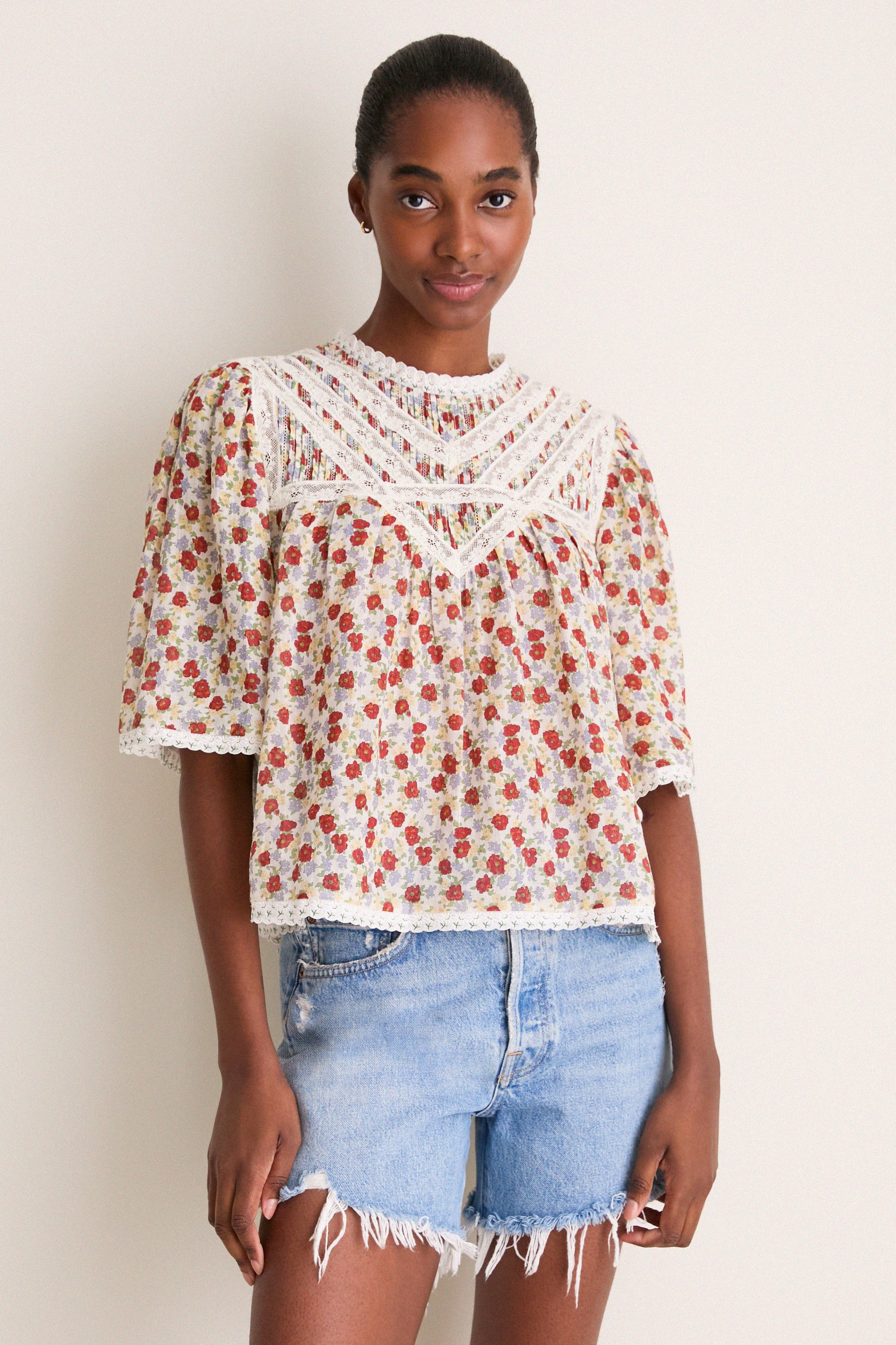 【deres】blooming embroidery blouse Multi Viera Print Short Sleeve Blouse | Sea New York