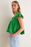 Green Eliza Solid Flutter Sleeve Top