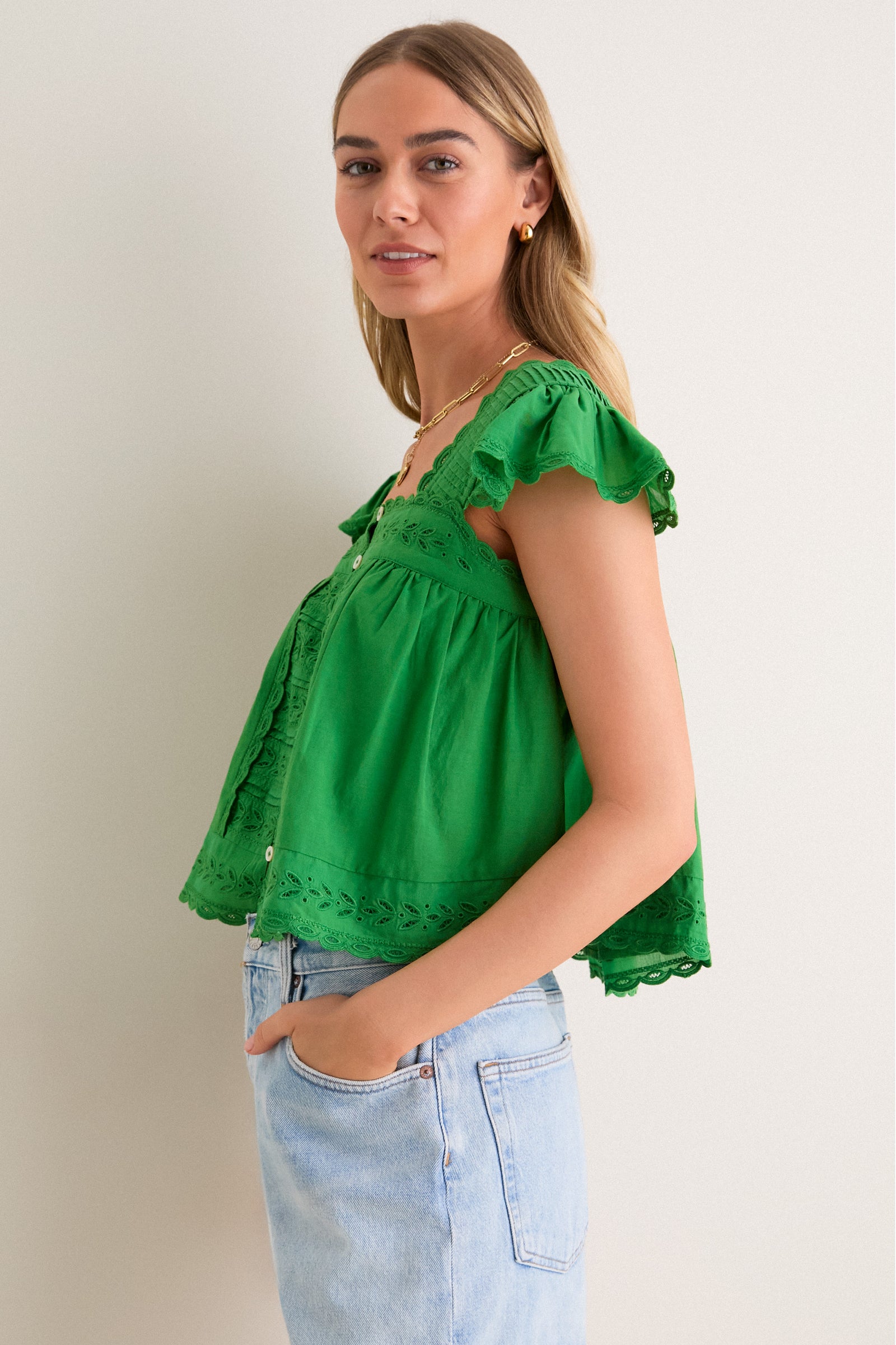 Green Eliza Solid Flutter Sleeve Top
