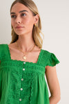 Green Eliza Solid Flutter Sleeve Top