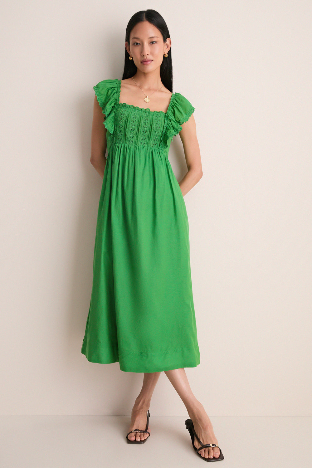 green sleeveless midi dress This Is It Green Cotton Eyelet Sleeveless Midi Dress