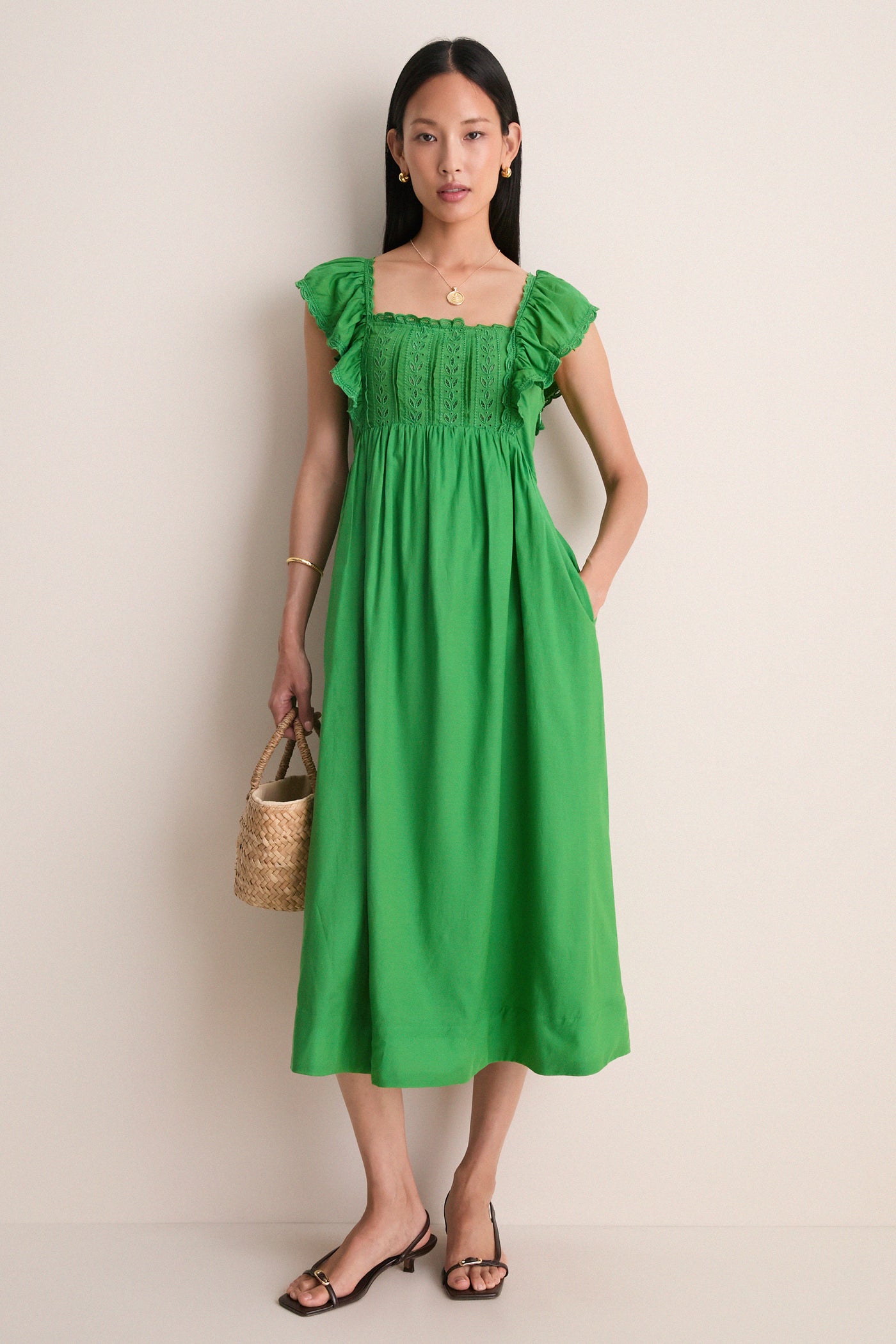 green sleeveless midi dress Garden Society Green Cotton Eyelet Sleeveless Midi Dress
