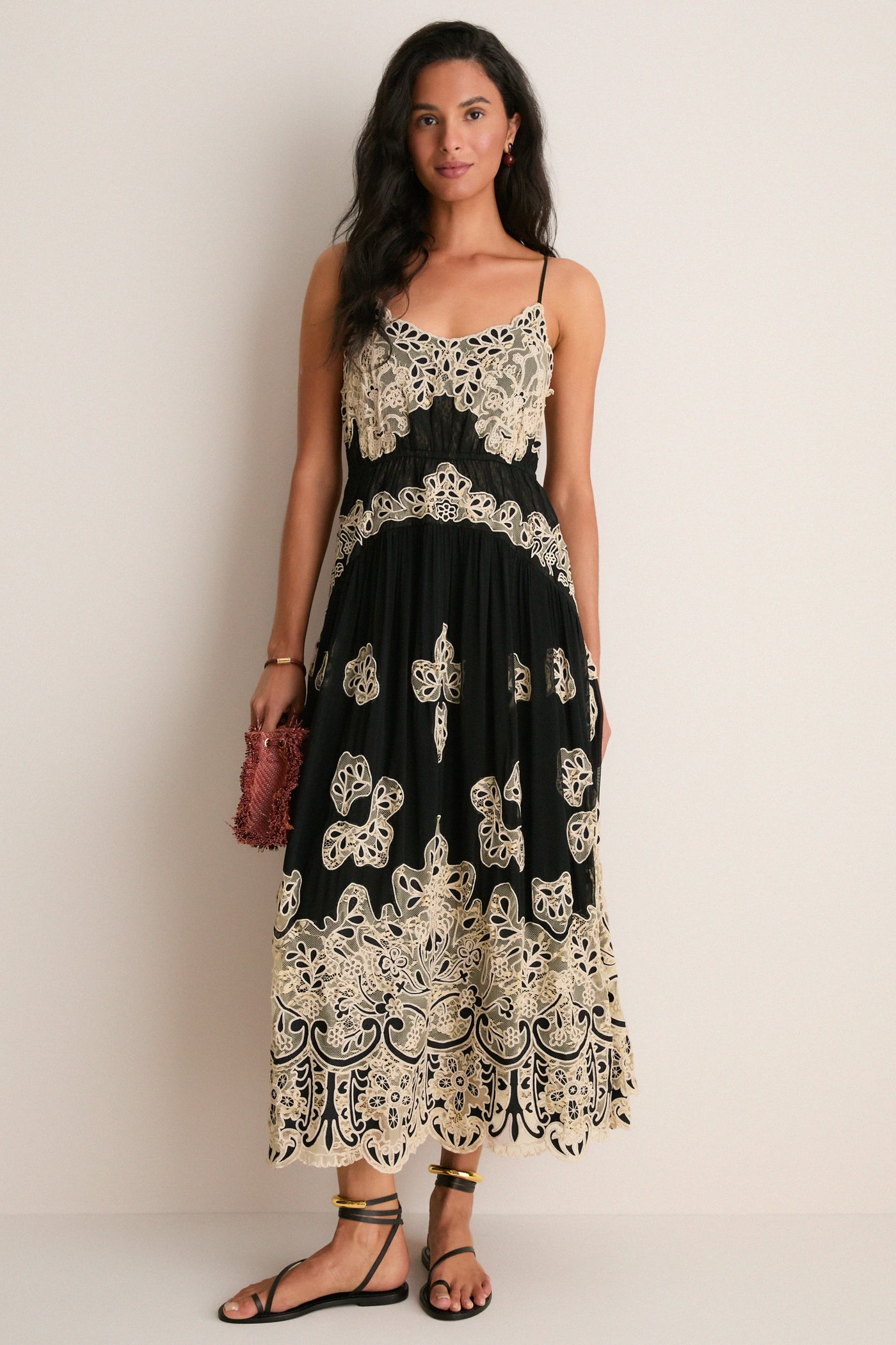 Sea New York Black Gracelyn Lace Embroidery Maxi Slip Dress Black / L