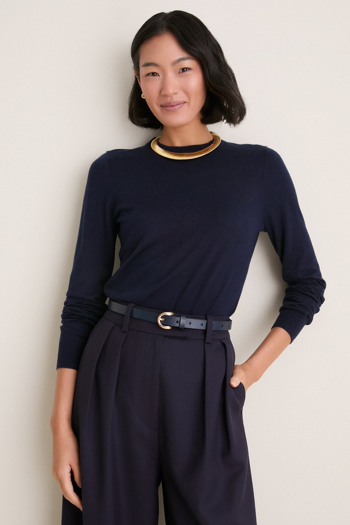 Navy Cashmere Silk Long Sleeve Katie Tee