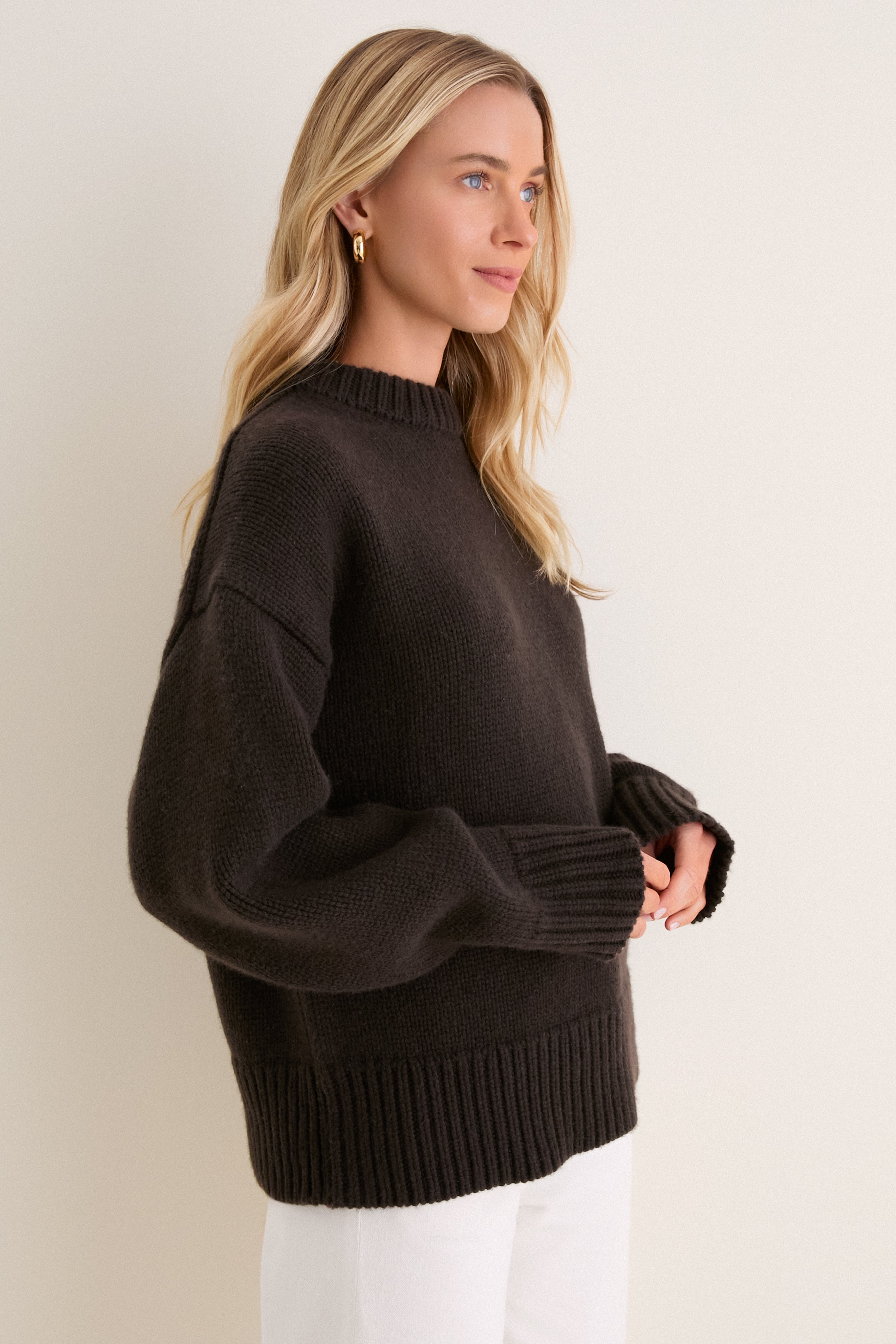 Espresso Genevieve Cashmere Wool Blend Crewneck Sweater