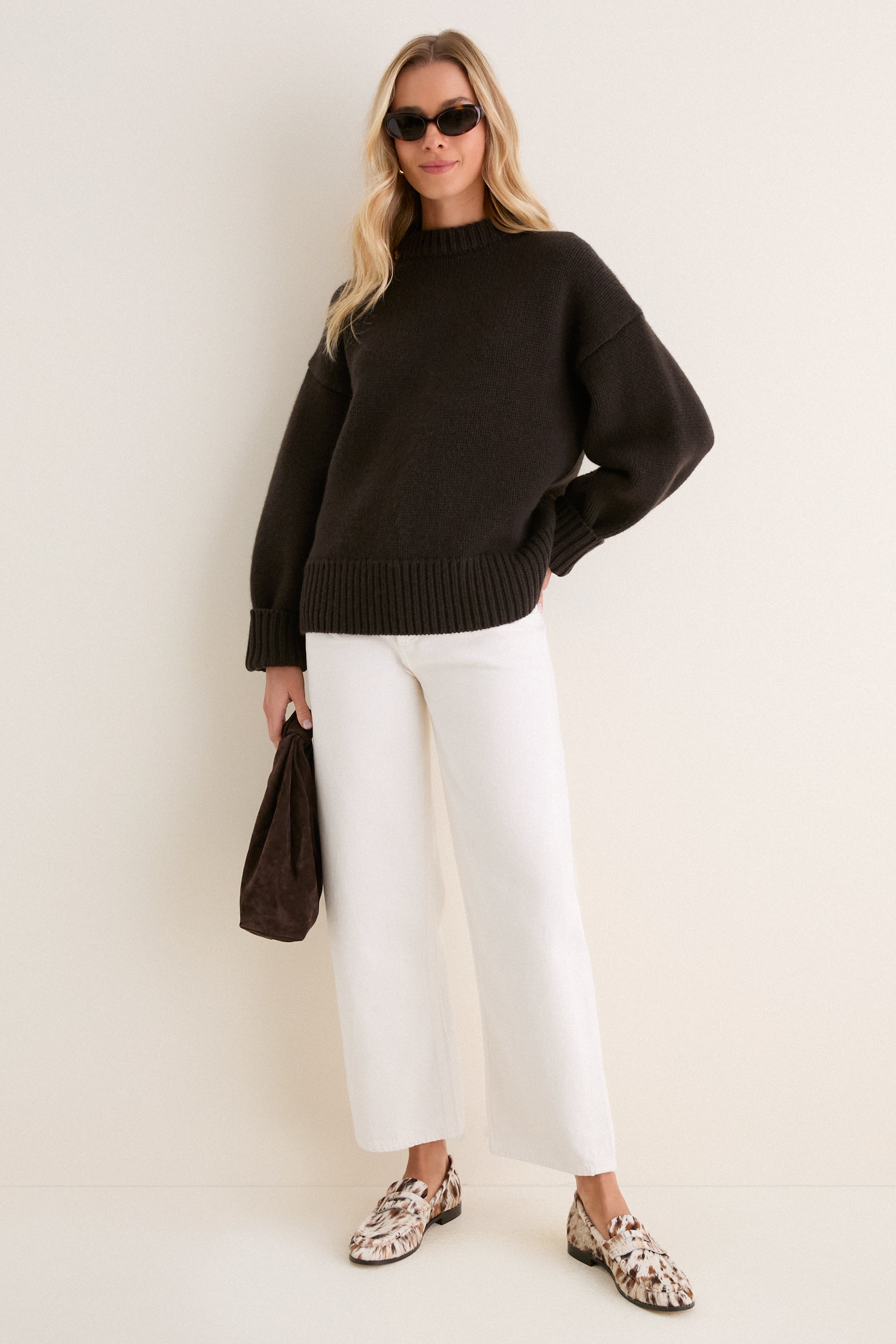 Espresso Genevieve Cashmere Wool Blend Crewneck Sweater