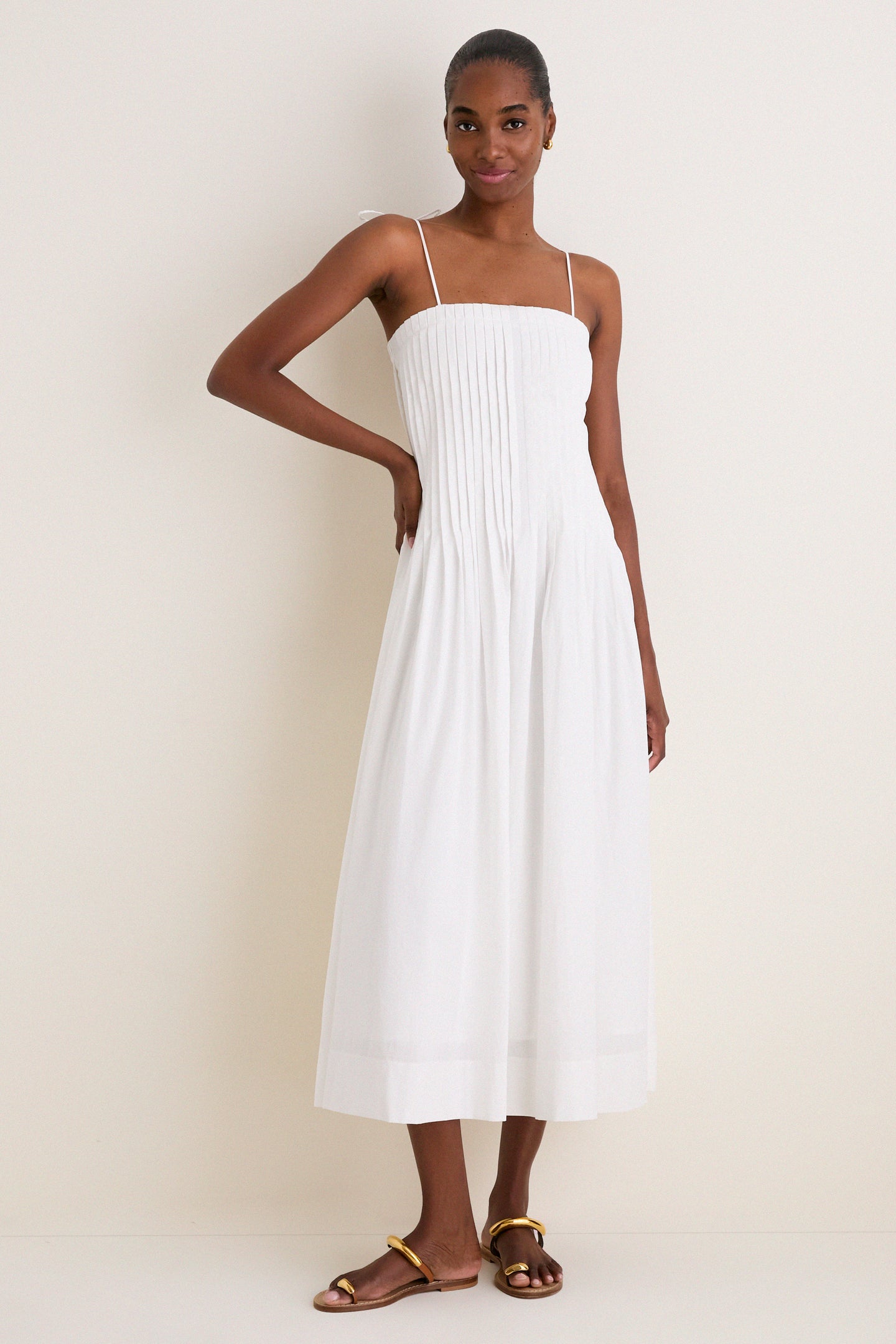 Off White Pleated Front Detail Midi Dress