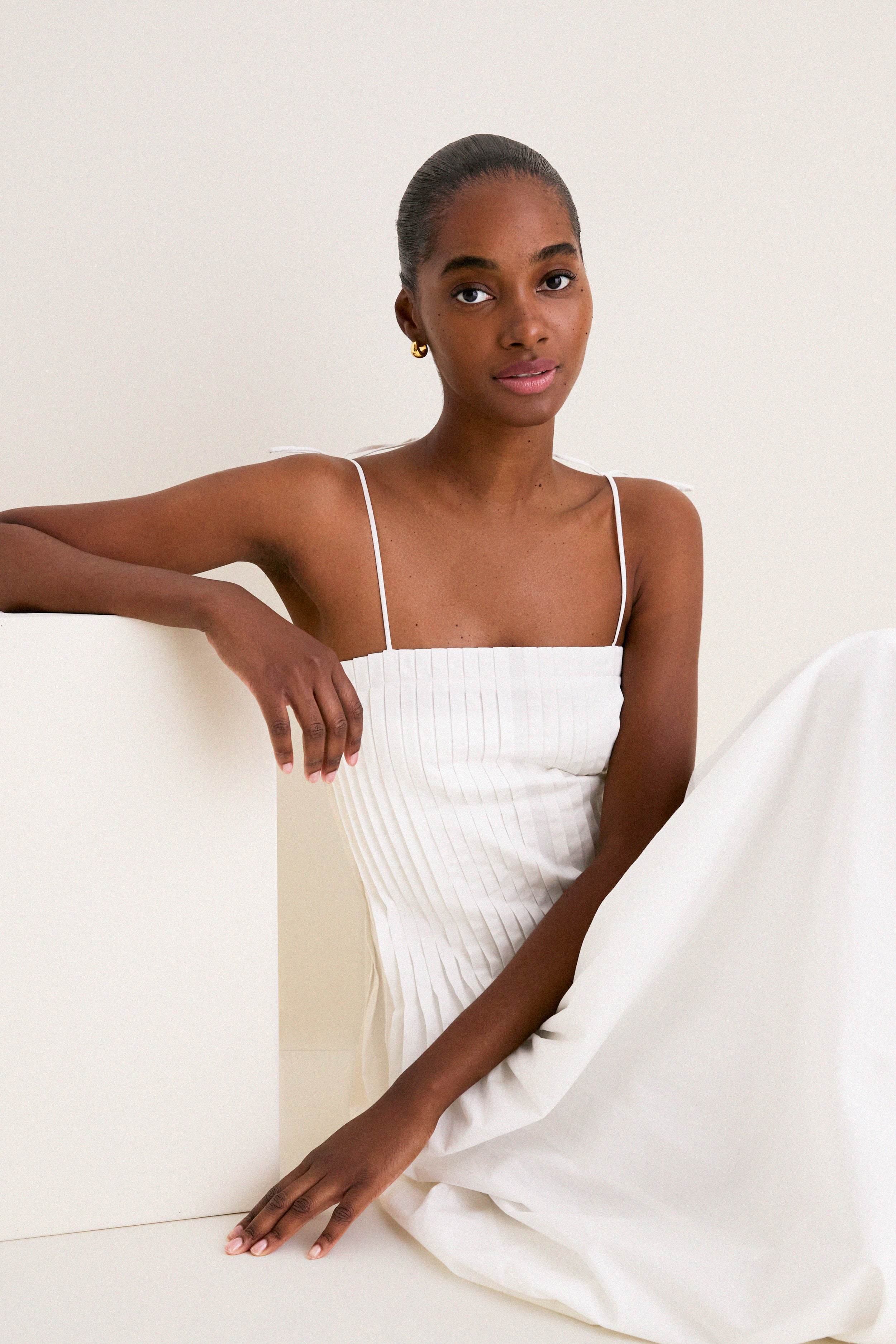 Off White Pleated Front Detail Midi Dress