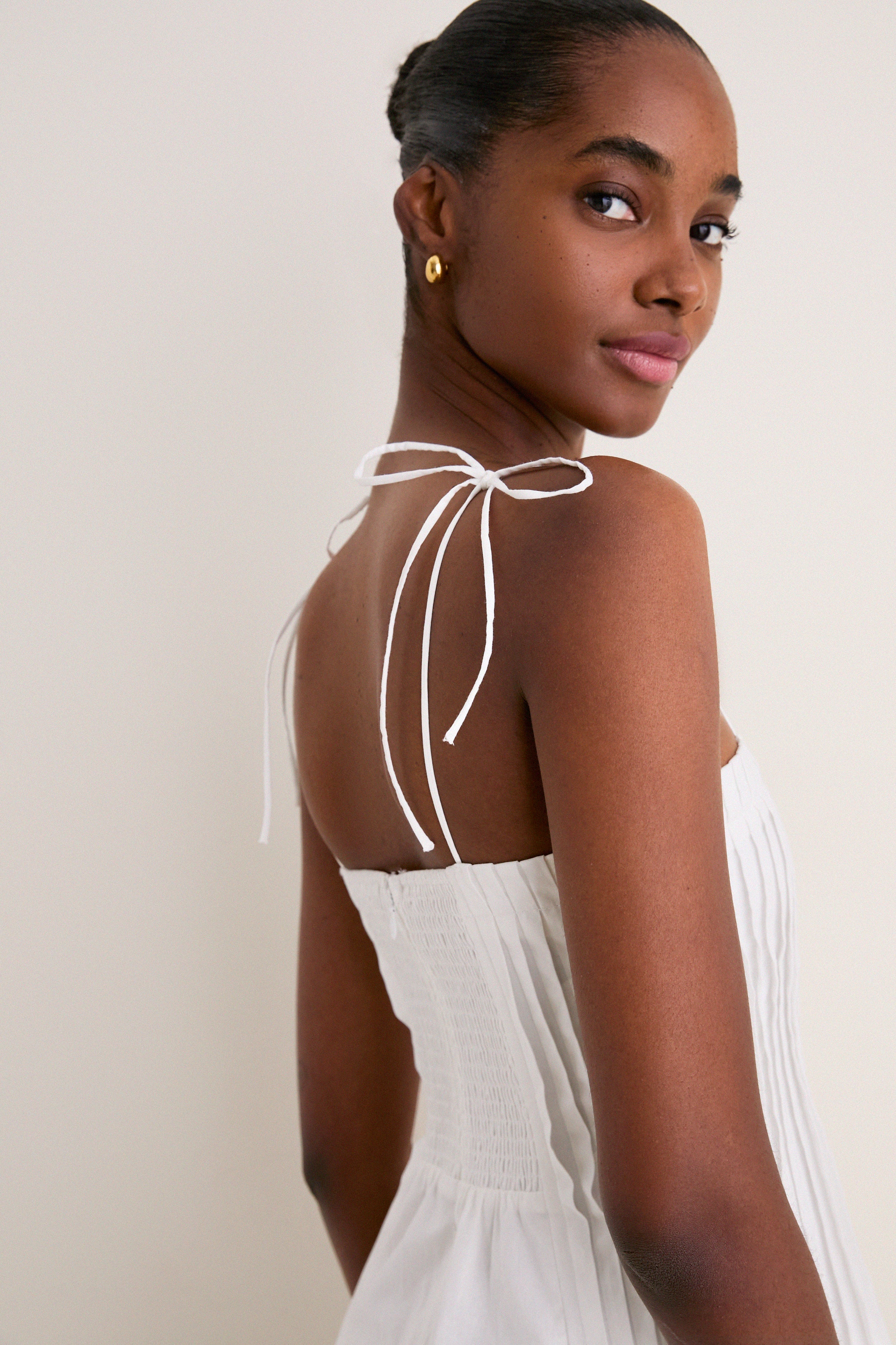 Off White Pleated Front Detail Midi Dress | Moon River