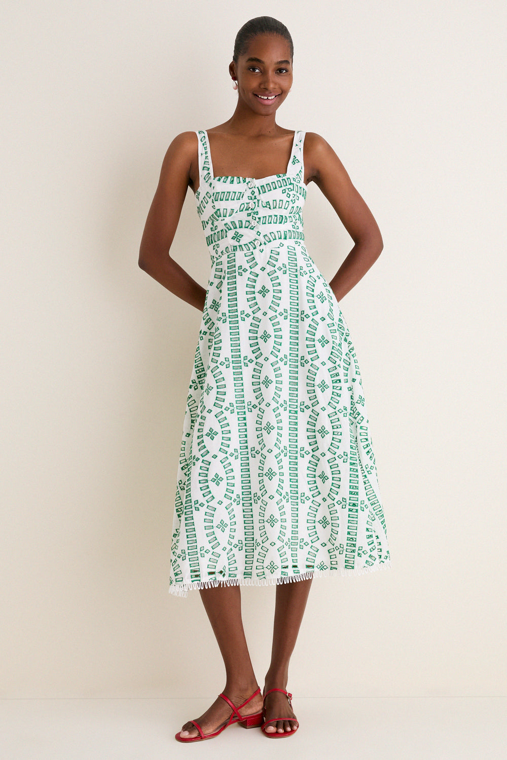 Green Multi Embroidered Detail Midi Dress | Moon River