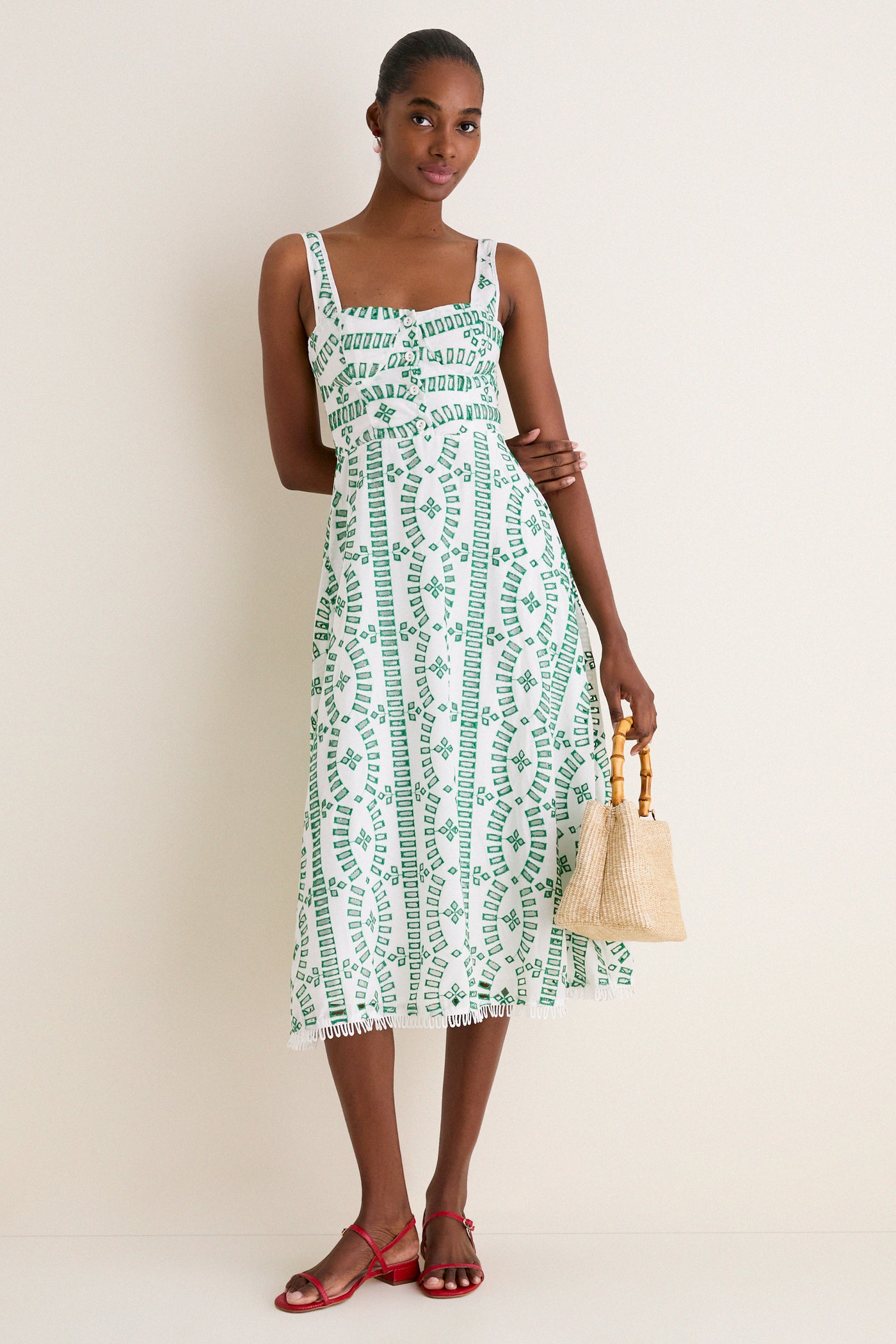 Green Multi Embroidered Detail Midi Dress | Moon River