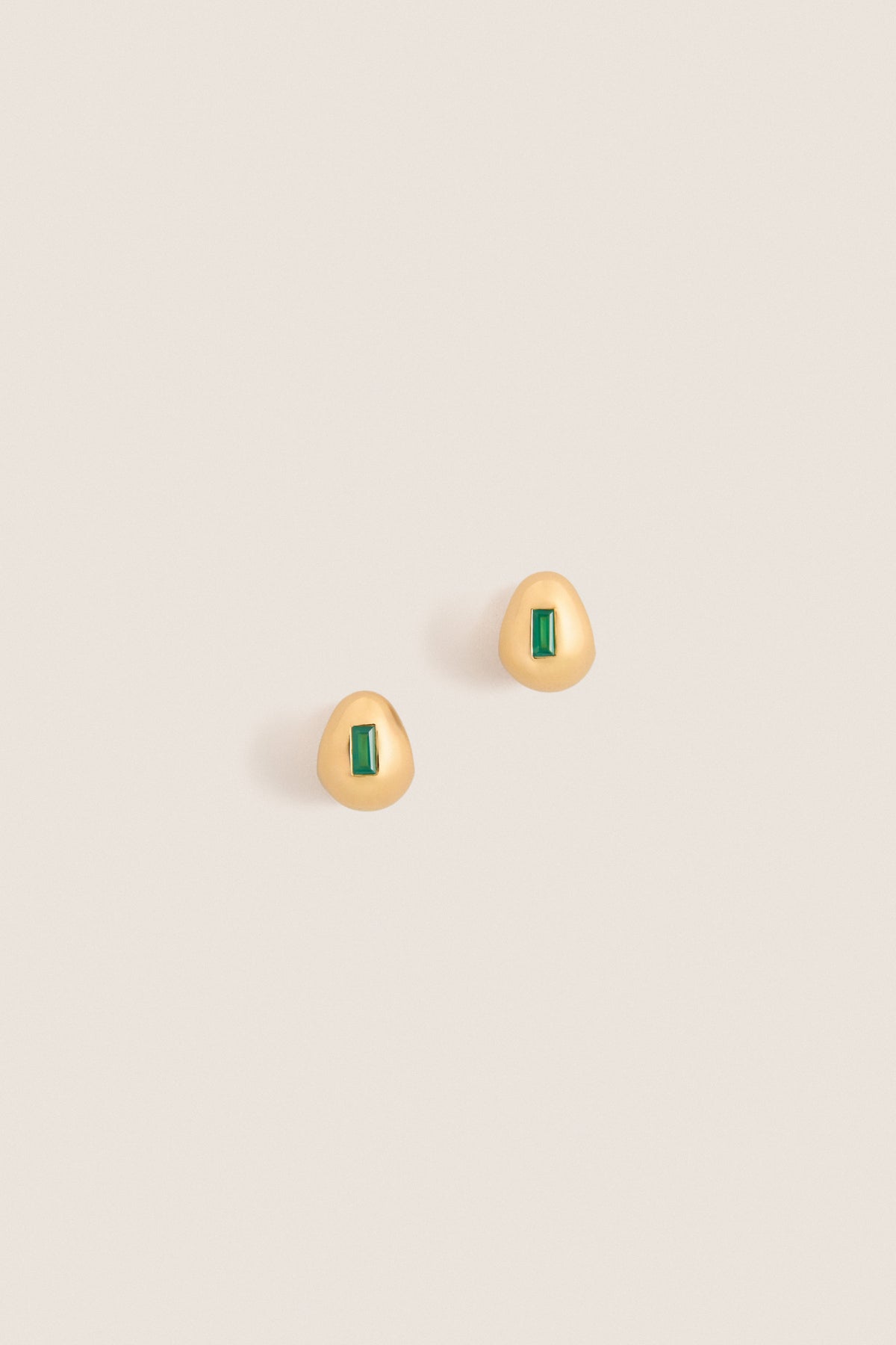 Gold Molten Gemstone Baguette Dome Small Hoop Earrings featuring classic green onyx set in high-end gold, offering an effortless, fun, and polished look.