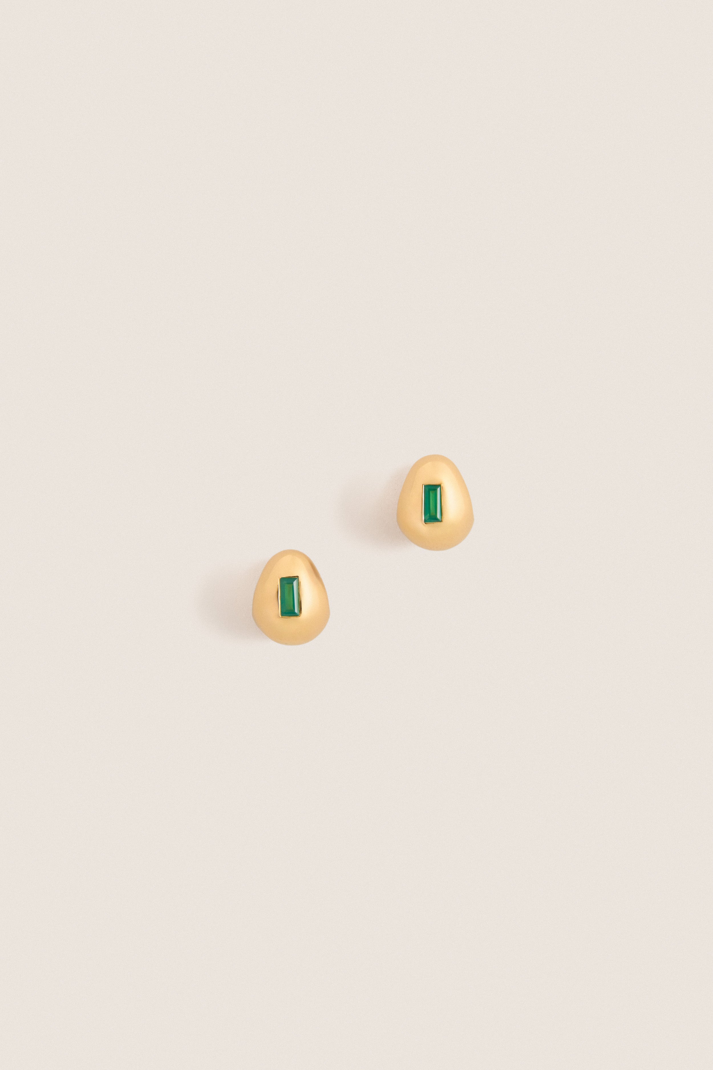 Gold Molten Gemstone Baguette Dome Small Hoop Earrings featuring classic green onyx set in high-end gold, offering an effortless, fun, and polished look.