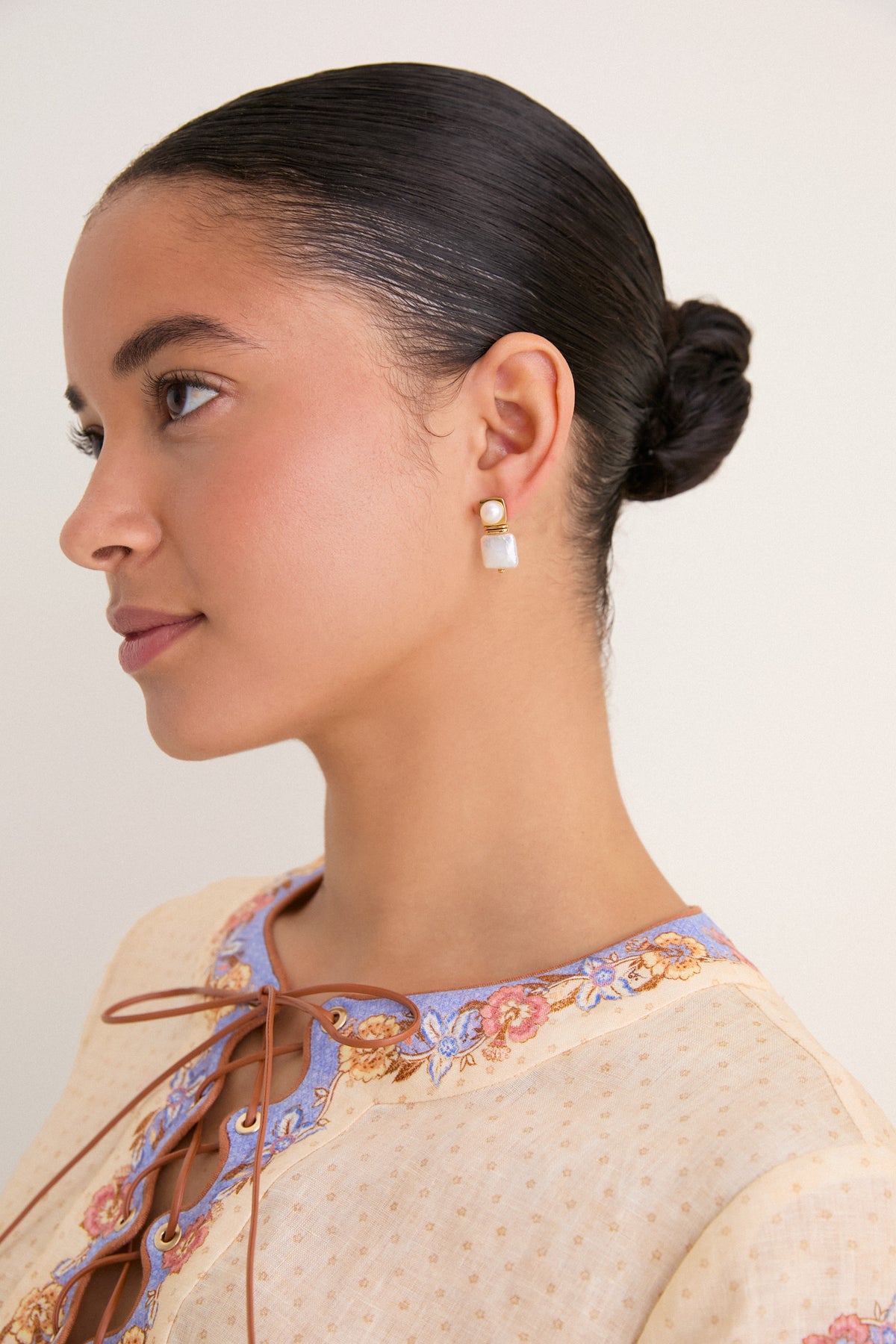 Gold Square Pearl Stud Earrings