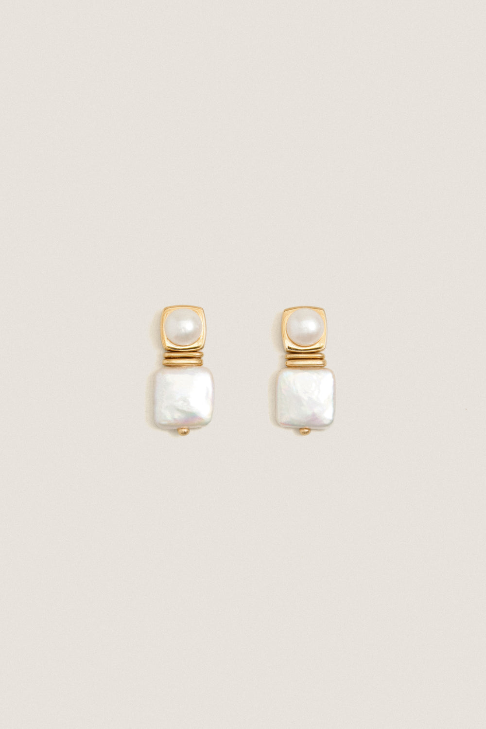 Gold Square Pearl Stud Earrings