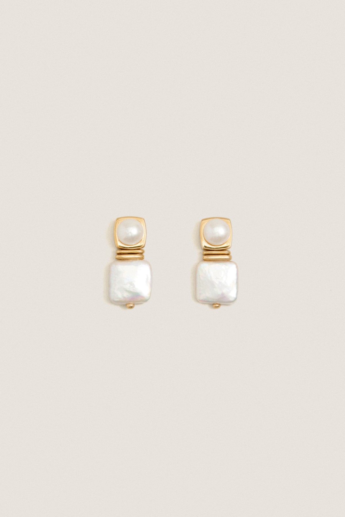 Gold Square Pearl Stud Earrings