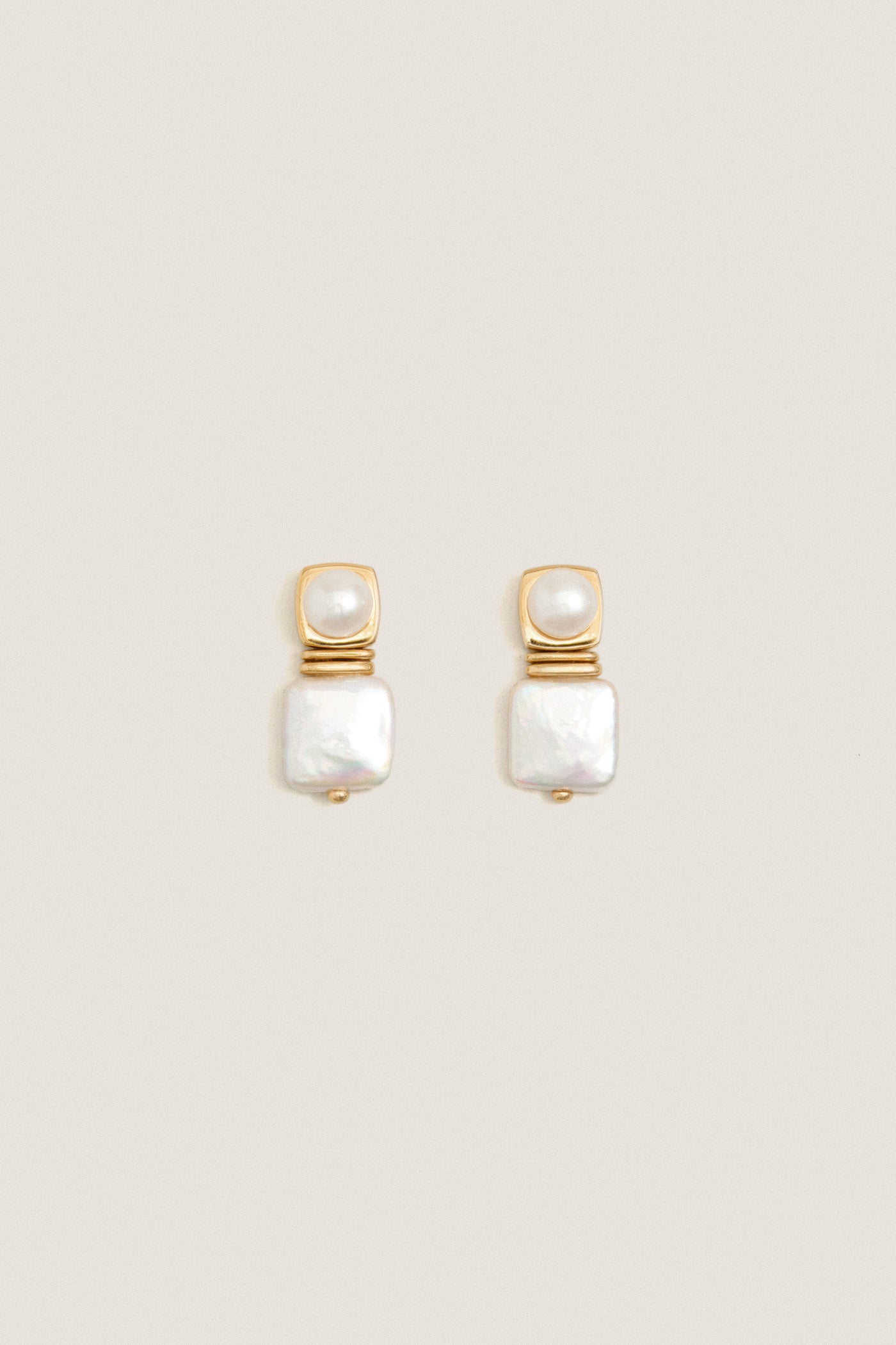Gold Square Pearl Stud Earrings