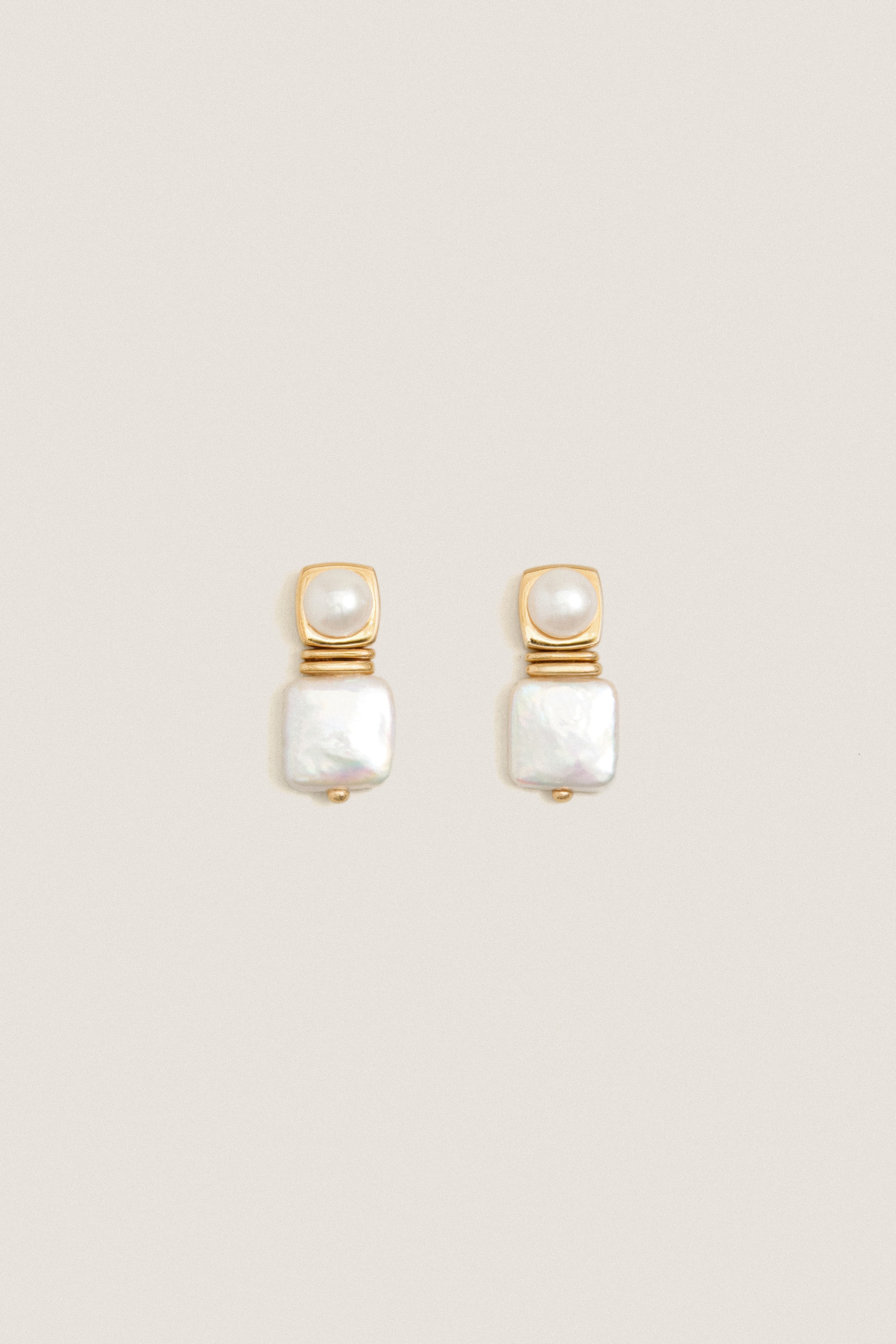 Gold Square Pearl Stud Earrings