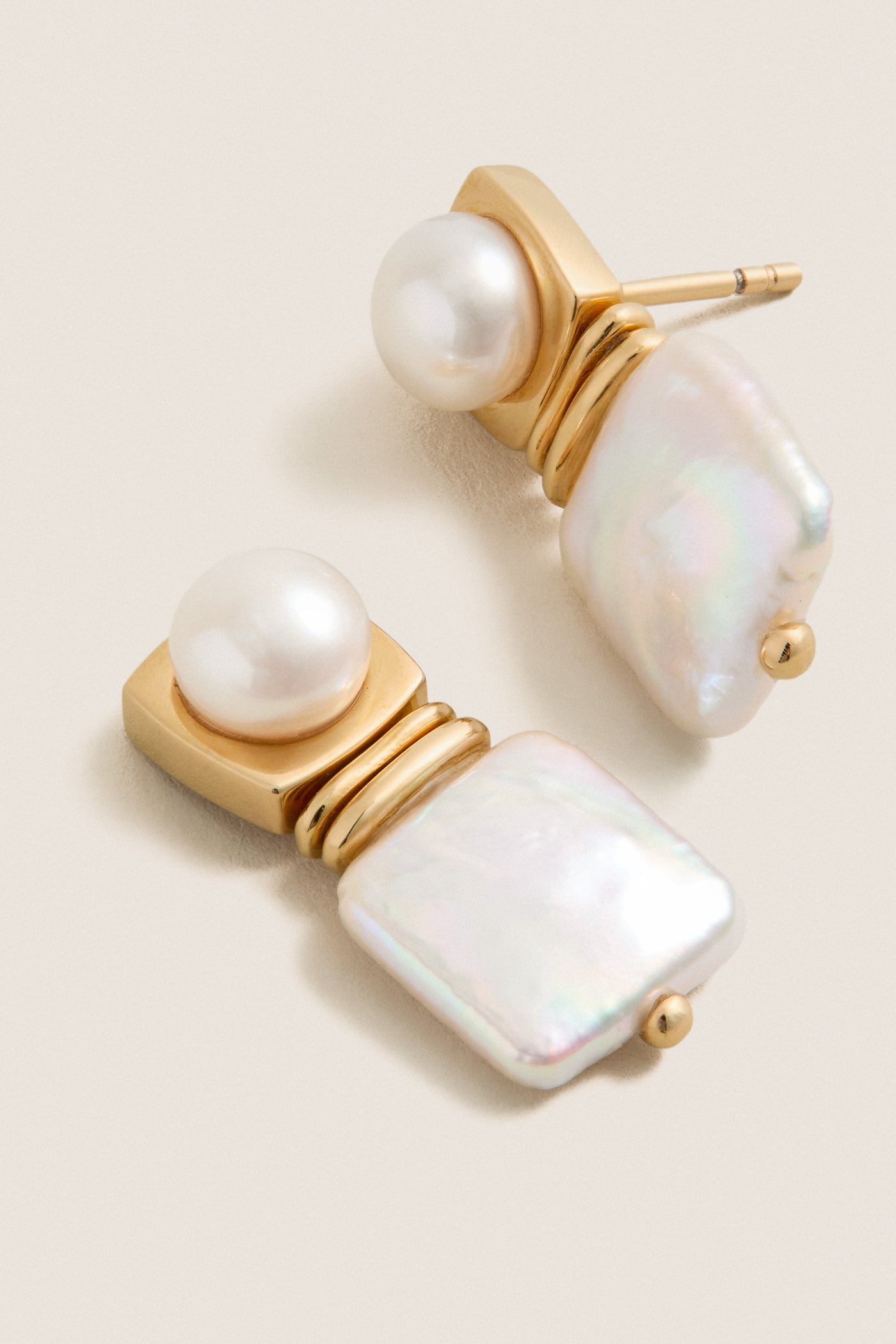 Gold Square Pearl Stud Earrings