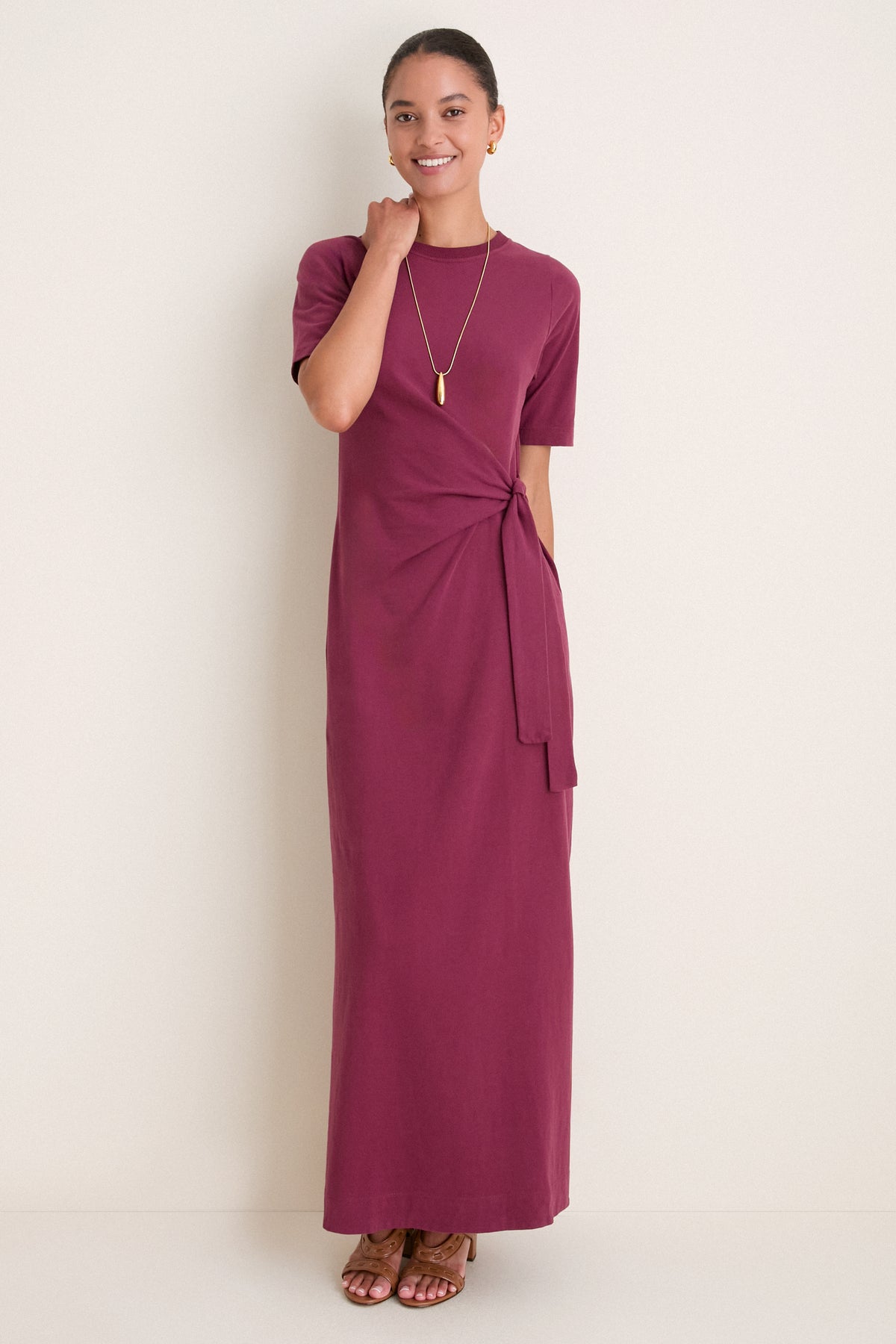Wine Outono Crew Neck Side Tie Maxi Dress