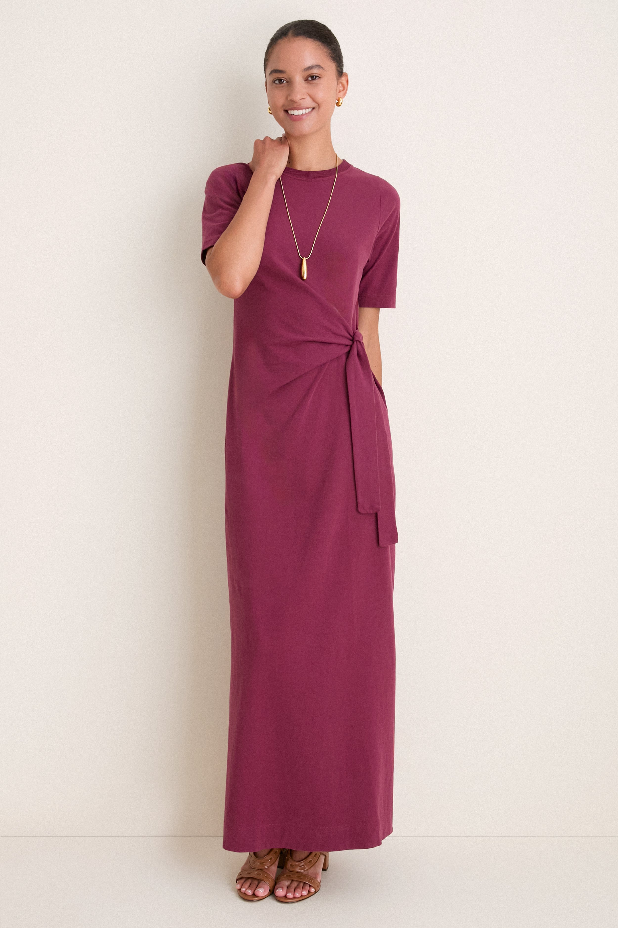 Wine Outono Crew Neck Side Tie Maxi Dress