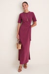 Wine Outono Crew Neck Side Tie Maxi Dress
