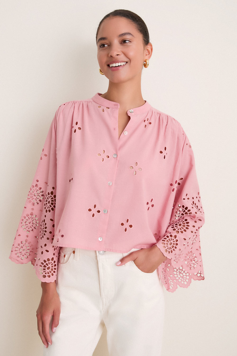 Pink Alvorada Embroidered Kimono Sleeve Buttoned Blouse