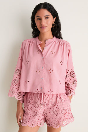Pink Alvorada Embroidered Kimono Sleeve Buttoned Blouse