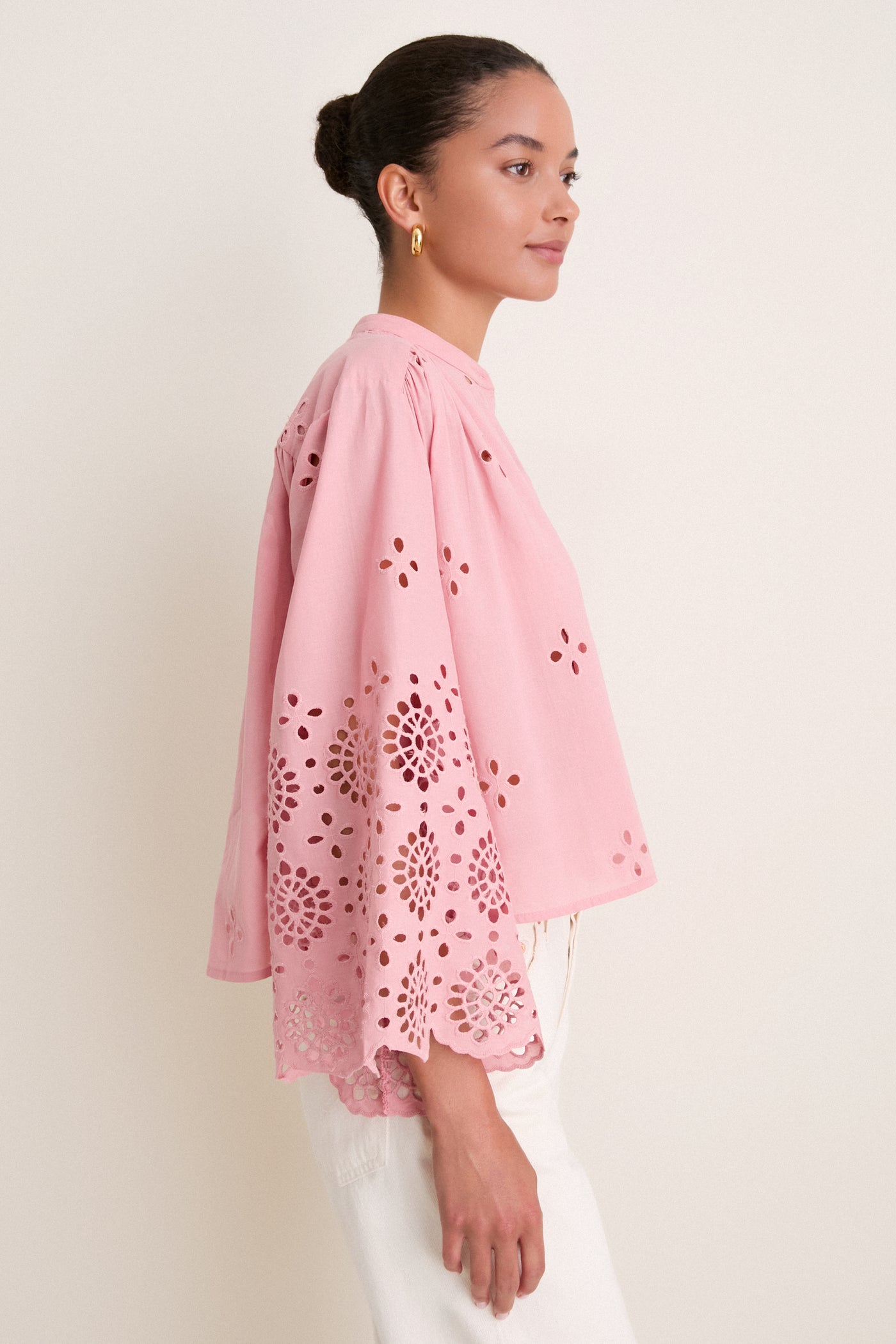 Pink Alvorada Embroidered Kimono Sleeve Buttoned Blouse