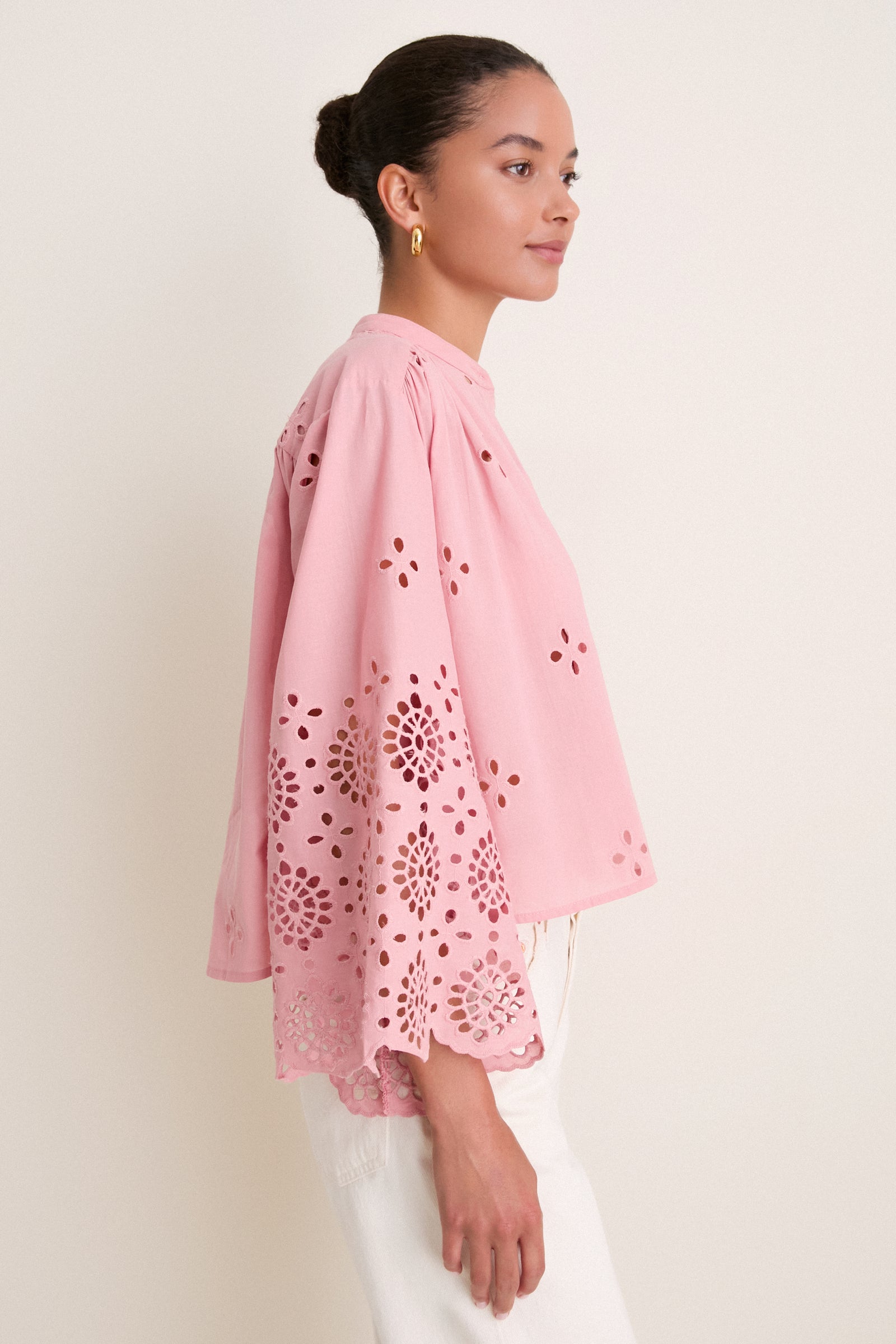 Pink Alvorada Embroidered Kimono Sleeve Buttoned Blouse