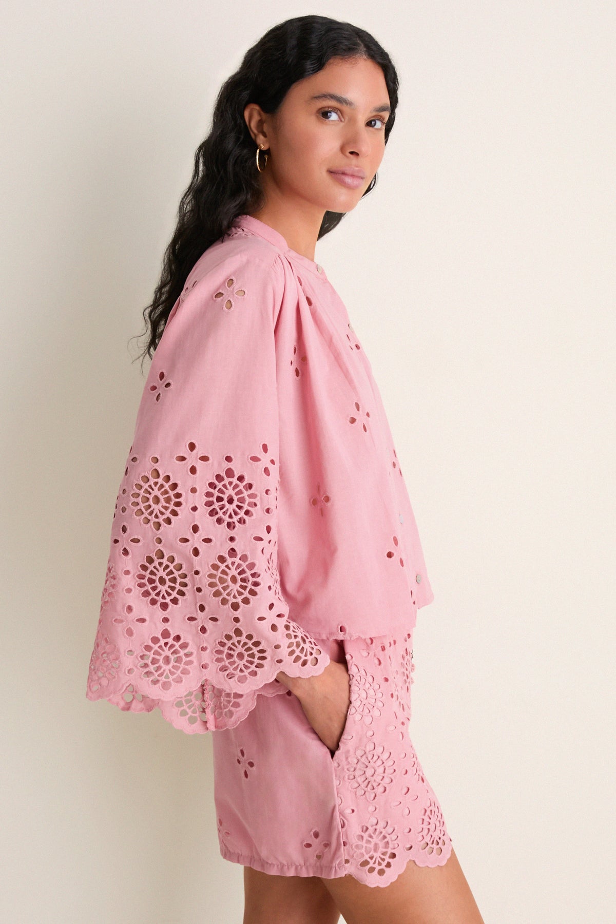 Pink Alvorada Embroidered Kimono Sleeve Buttoned Blouse