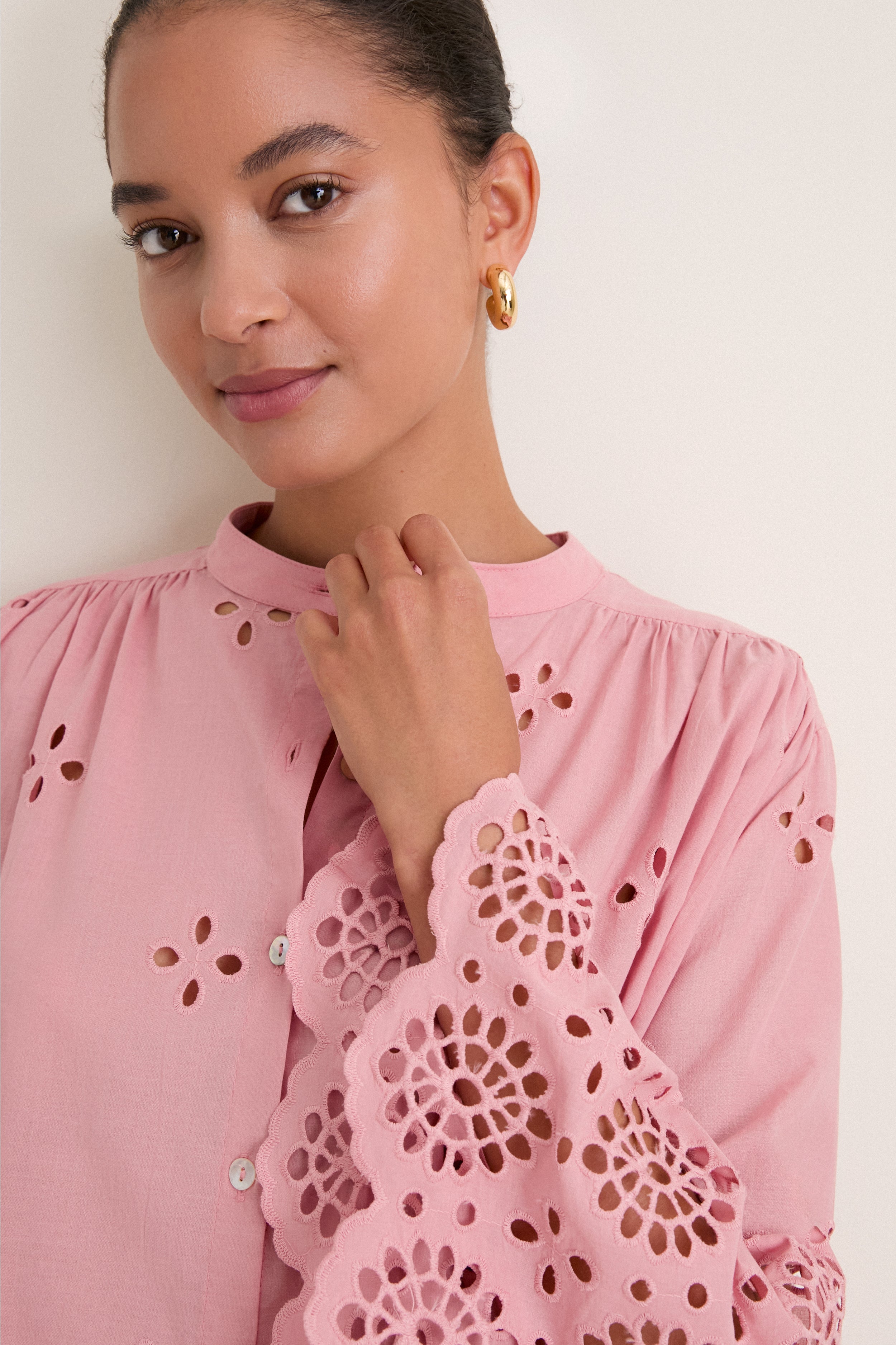 Pink Alvorada Embroidered Kimono Sleeve Buttoned Blouse