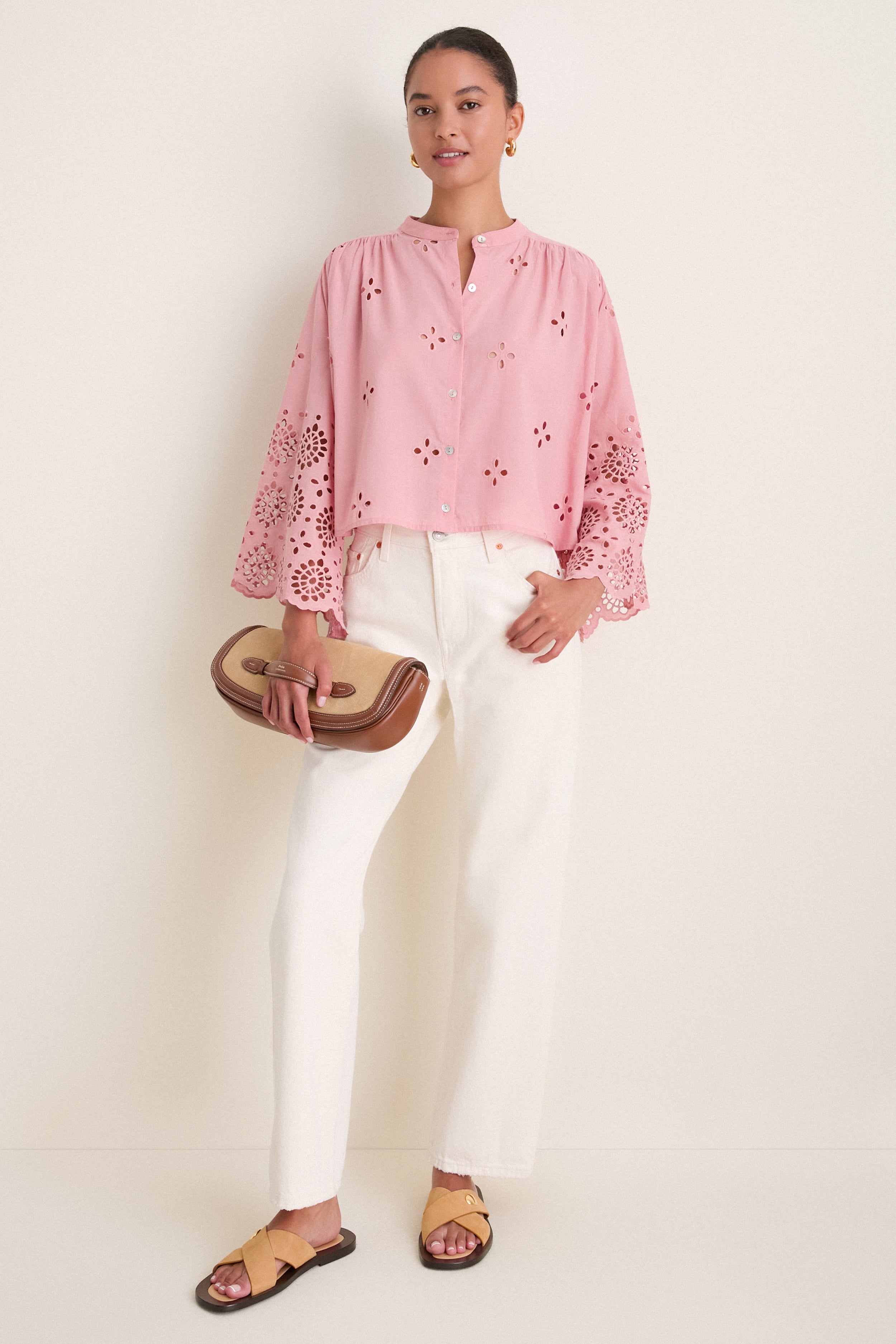 Pink Alvorada Embroidered Kimono Sleeve Buttoned Blouse