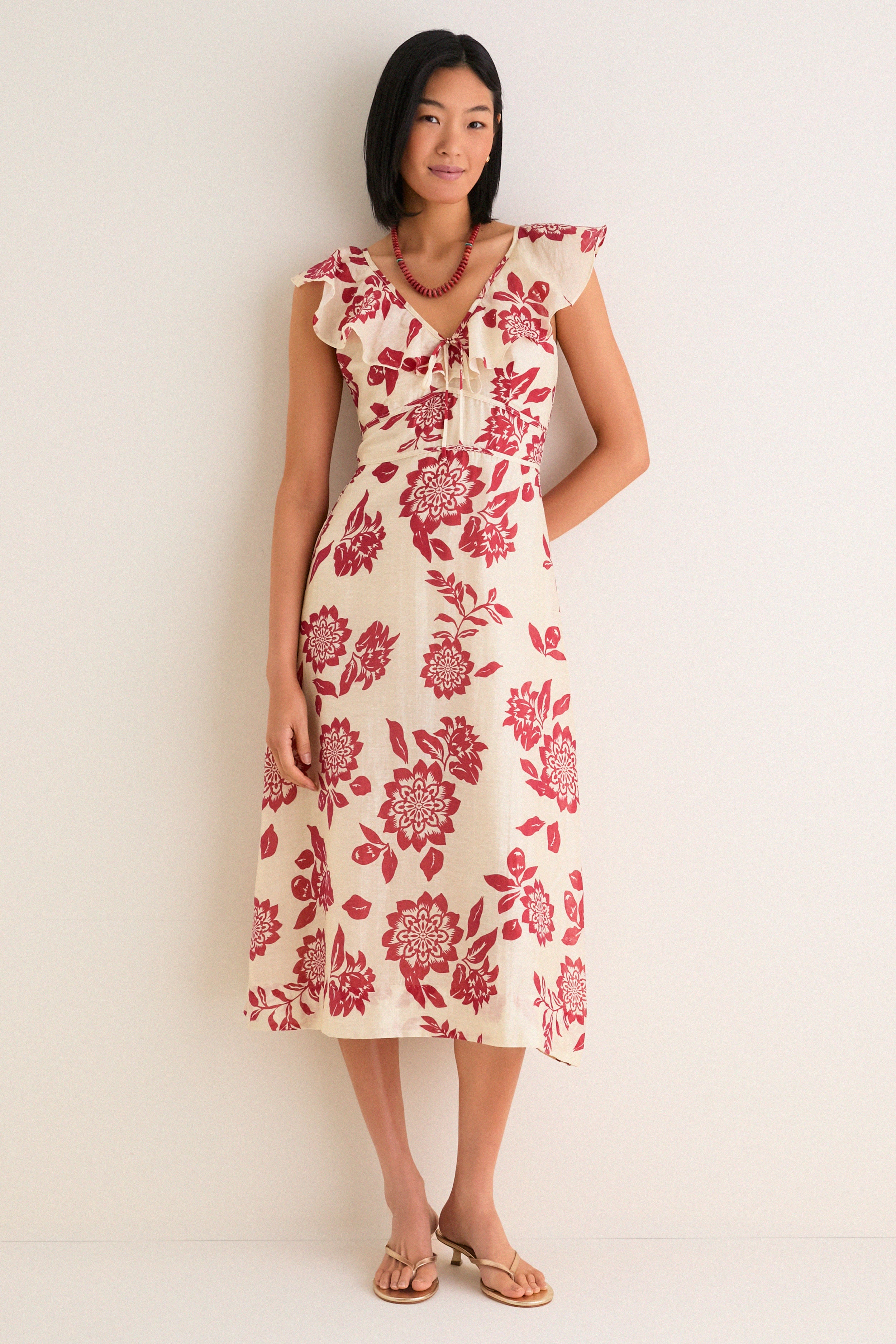 Greylin Cream and Red Jacqueline Flutter Sleeve Midi Dress Cream and Red / XS
