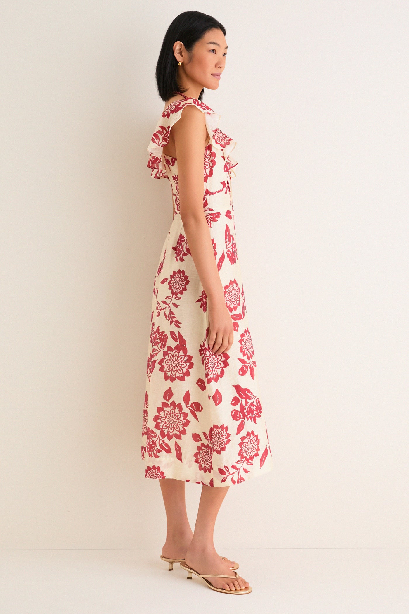 Cream and Red Jacqueline Flutter Sleeve Midi Dress