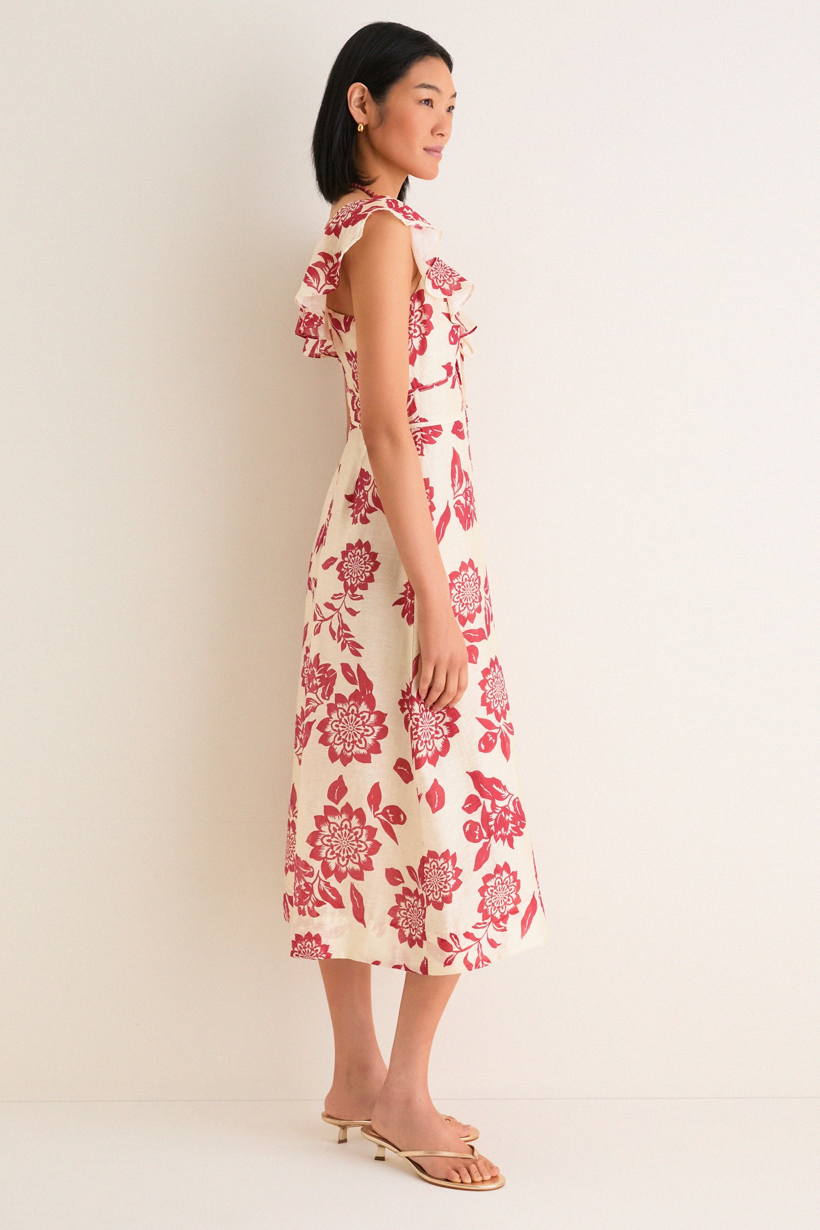 Cream and Red Jacqueline Flutter Sleeve Midi Dress