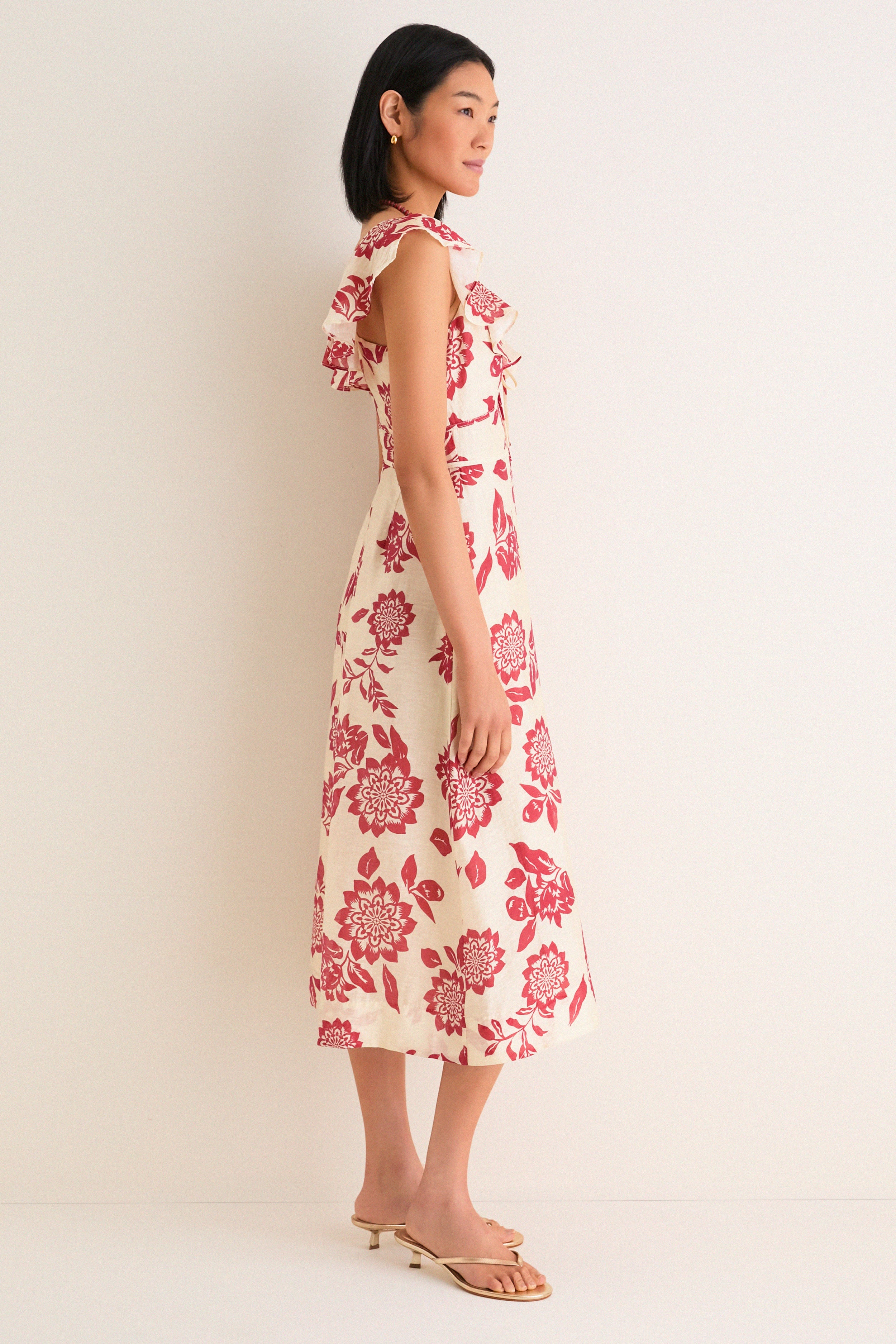 Cream and Red Jacqueline Flutter Sleeve Midi Dress