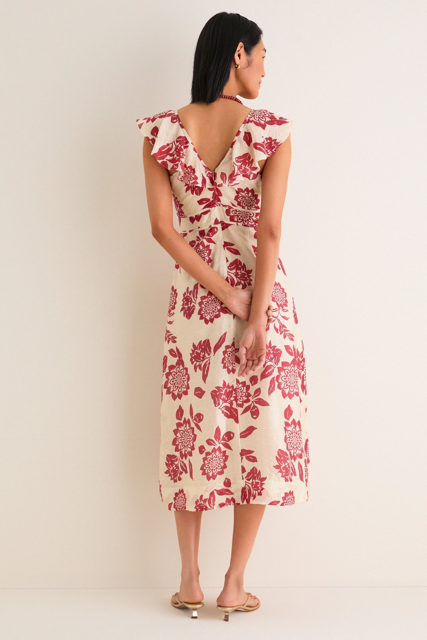 Cream and Red Jacqueline Flutter Sleeve Midi Dress