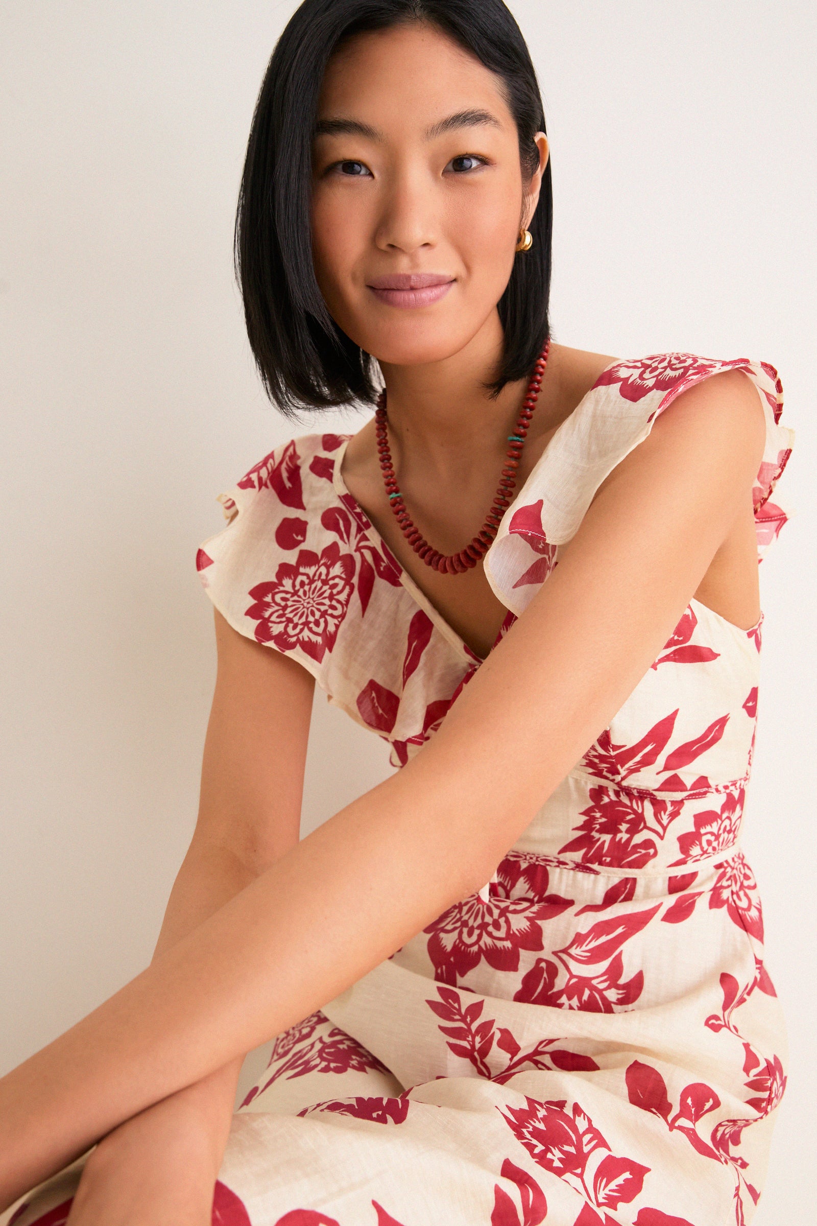 Cream and Red Jacqueline Flutter Sleeve Midi Dress