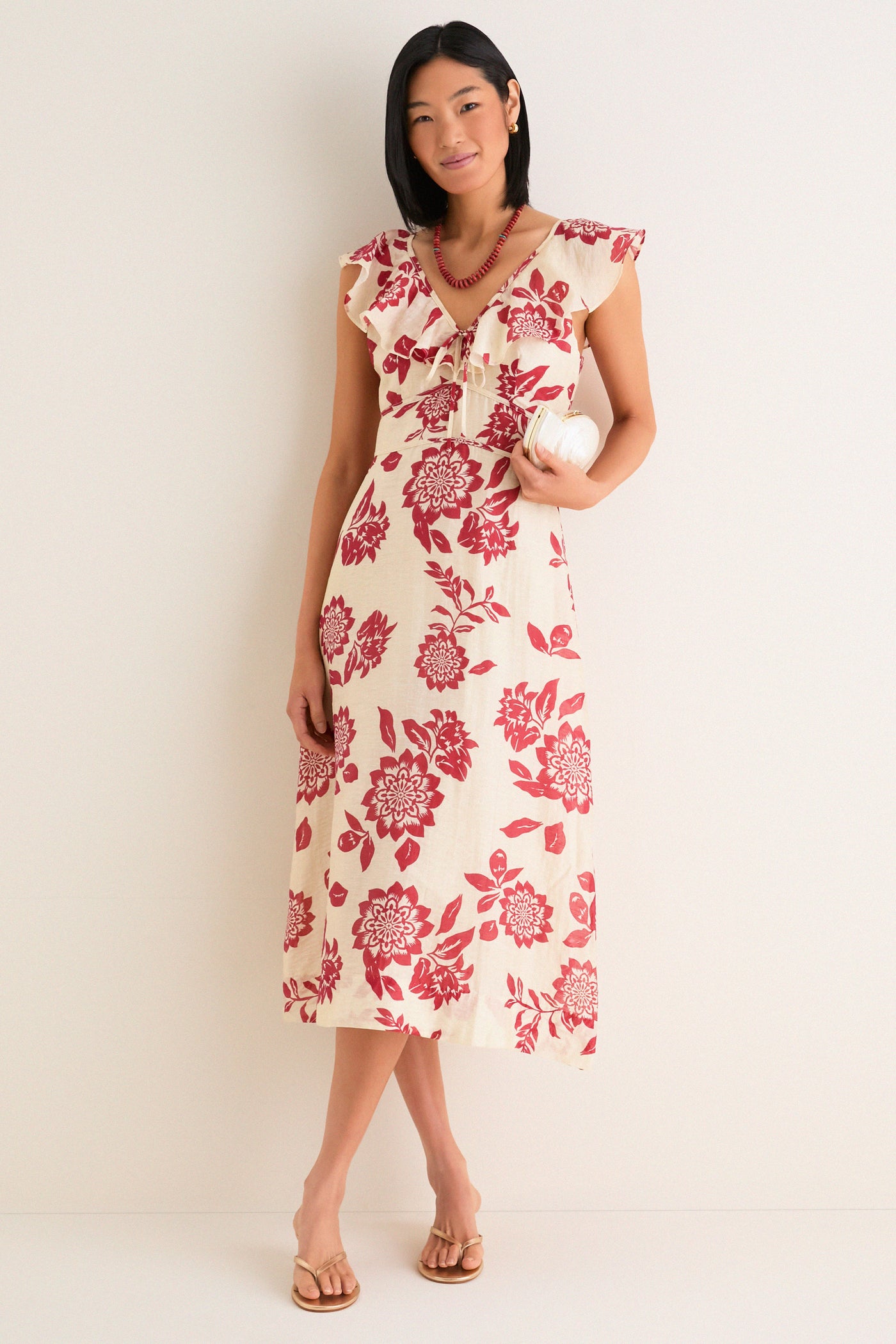 Cream and Red Jacqueline Flutter Sleeve Midi Dress | Greylin Cream and Red Jacqueline Flutter Sleeve Midi Dress | Greylin