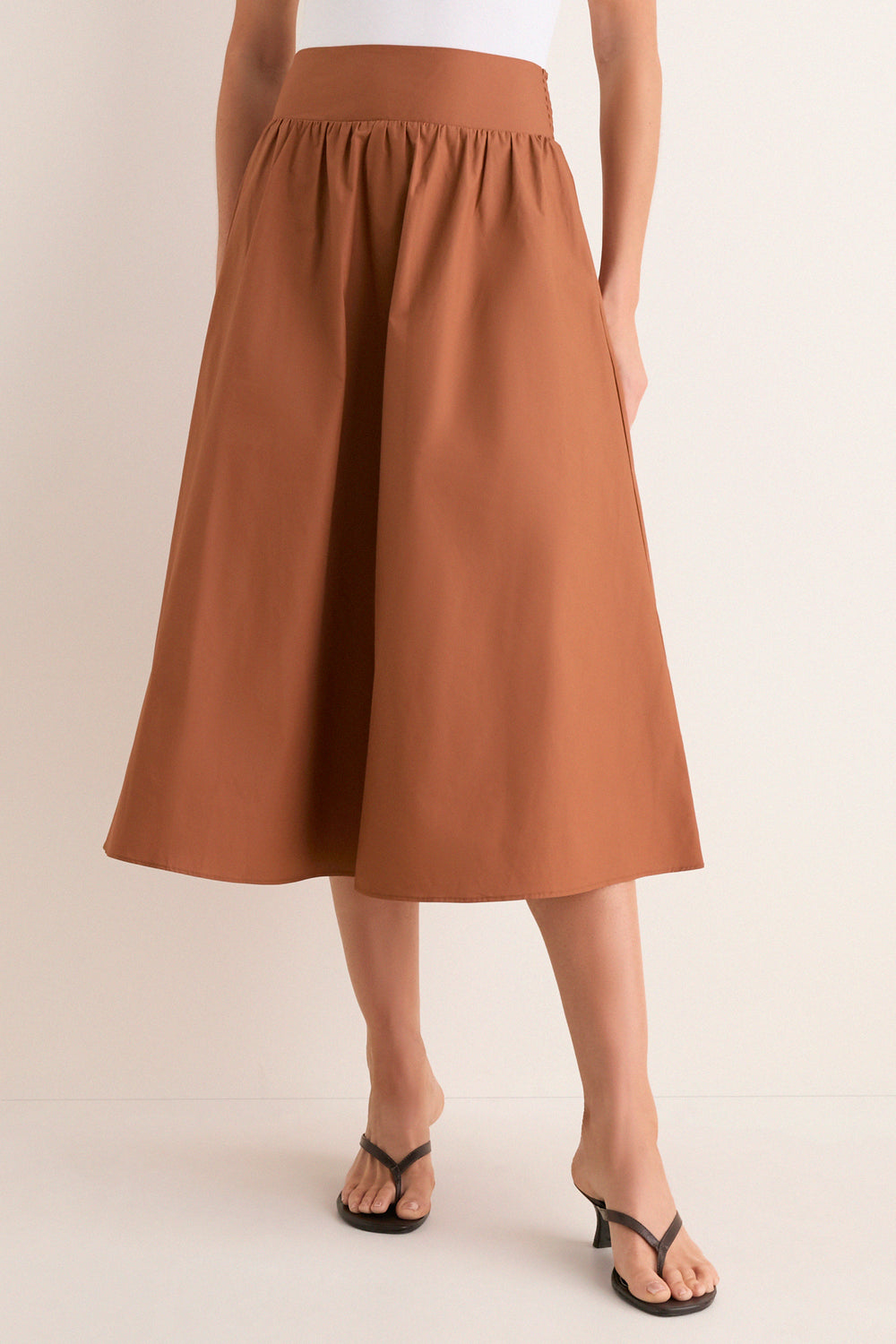 Camel Etienne Smocked Waist Gathered Midi Skirt