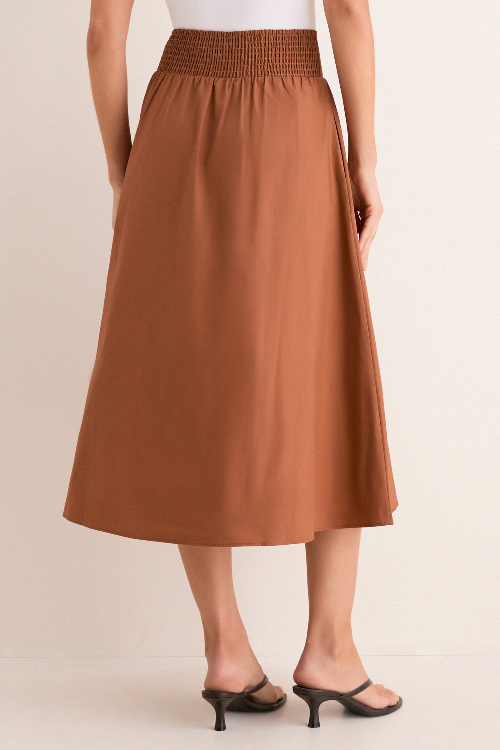 Camel Etienne Smocked Waist Gathered Midi Skirt