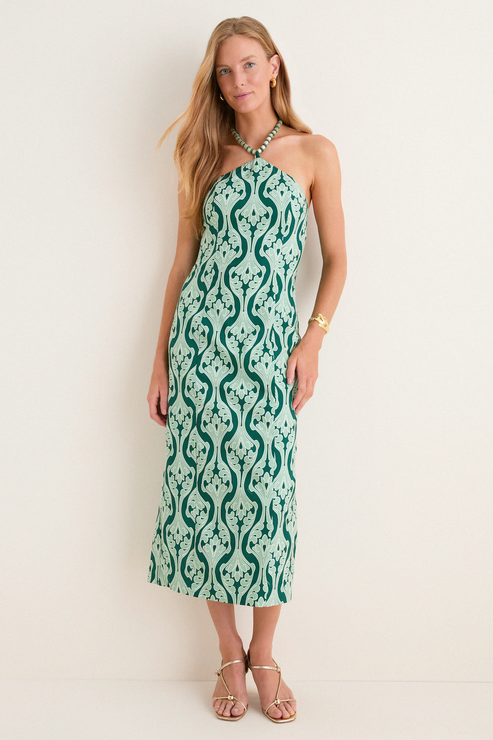 Green Geo Floral Naomi Beaded Halter Dress